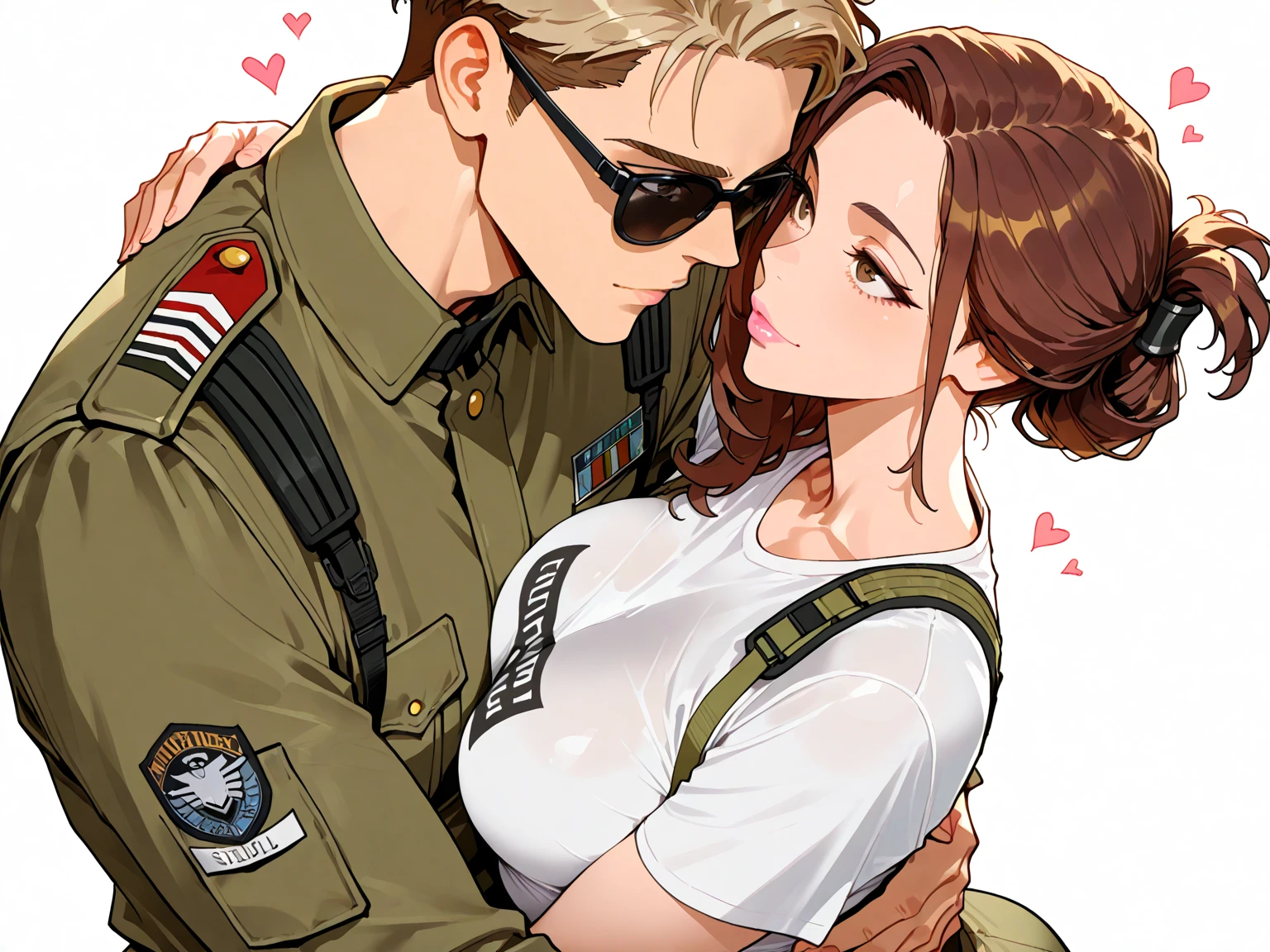 Female nurse kisses camouflage uniformed male soldier