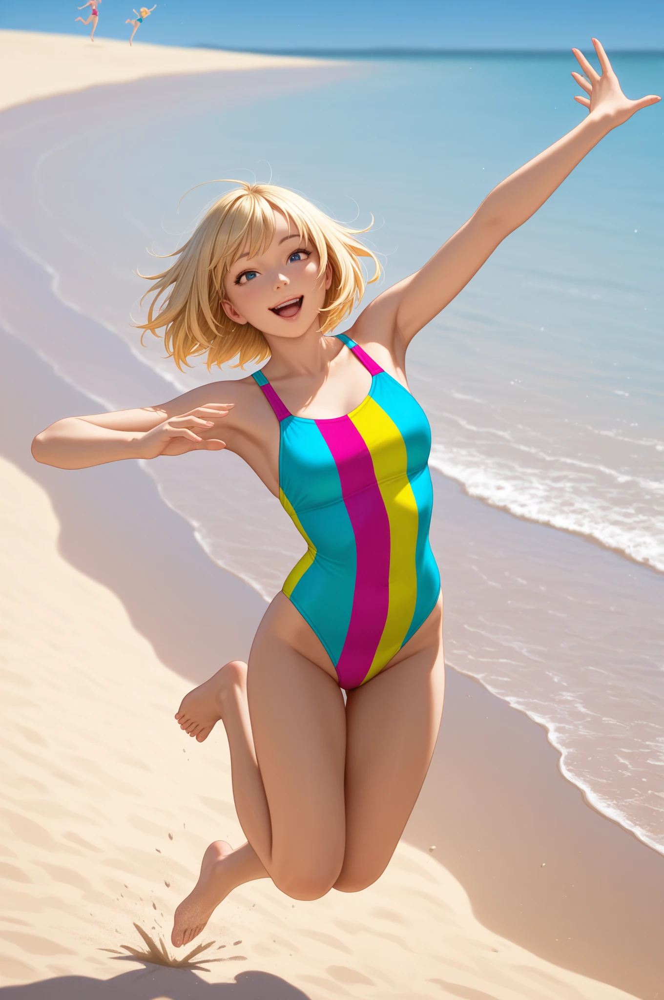 nazz, lips, 1girl, solo, blonde hair, short hair, purple swimsuit, smile, bob cut, ,looking at viewer,on beach, ocean,