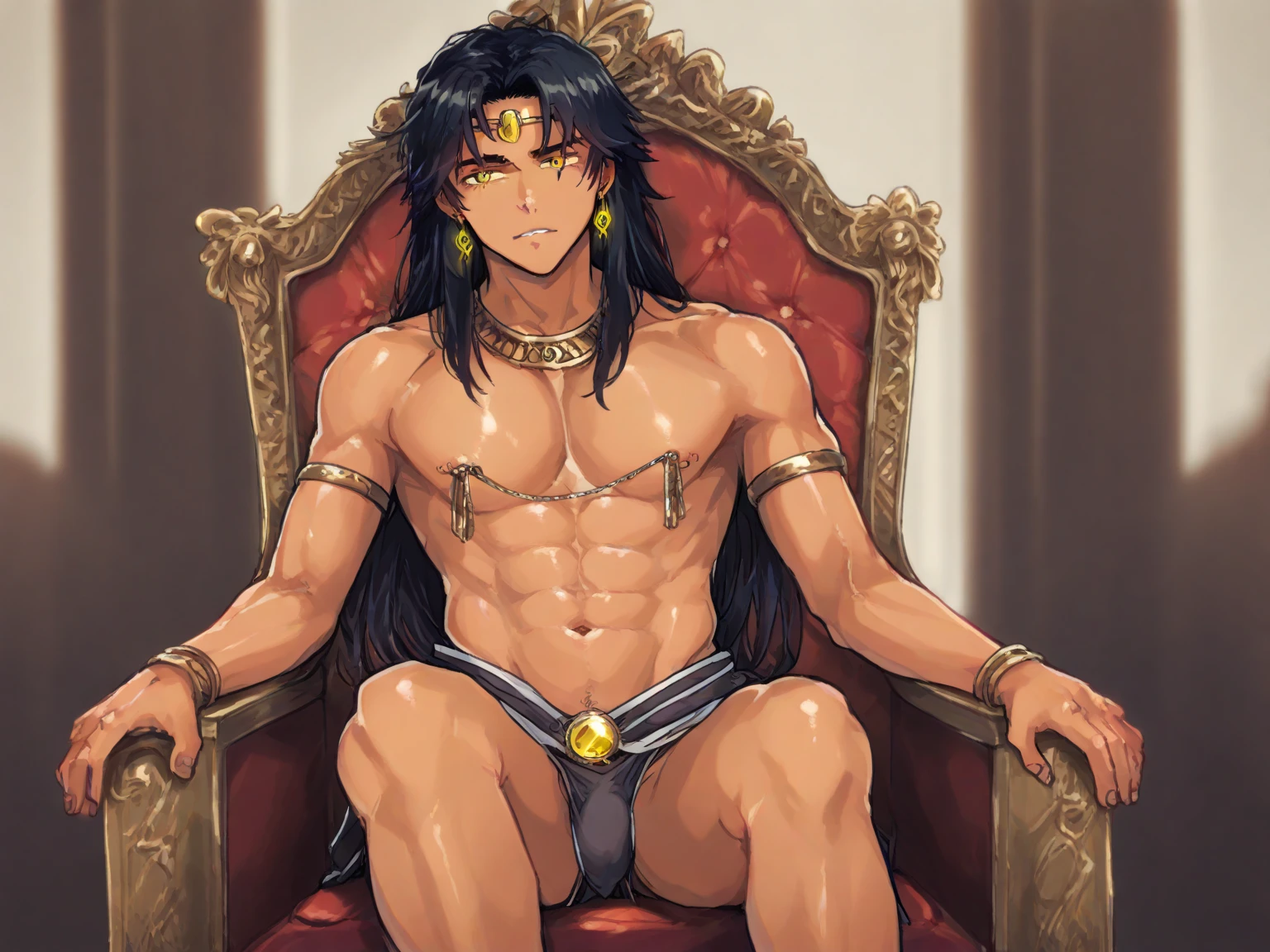 A male emperor with long wavy hair and miniature thongs sits on the throne,Handsome men,Attractive man,Beautiful man,Miniature tong,fit-muscled body,Shirtless,Luxurious jewelry,fine muscles,Luxury shoes,White stockings,Perspective super detail, hyper HD, m