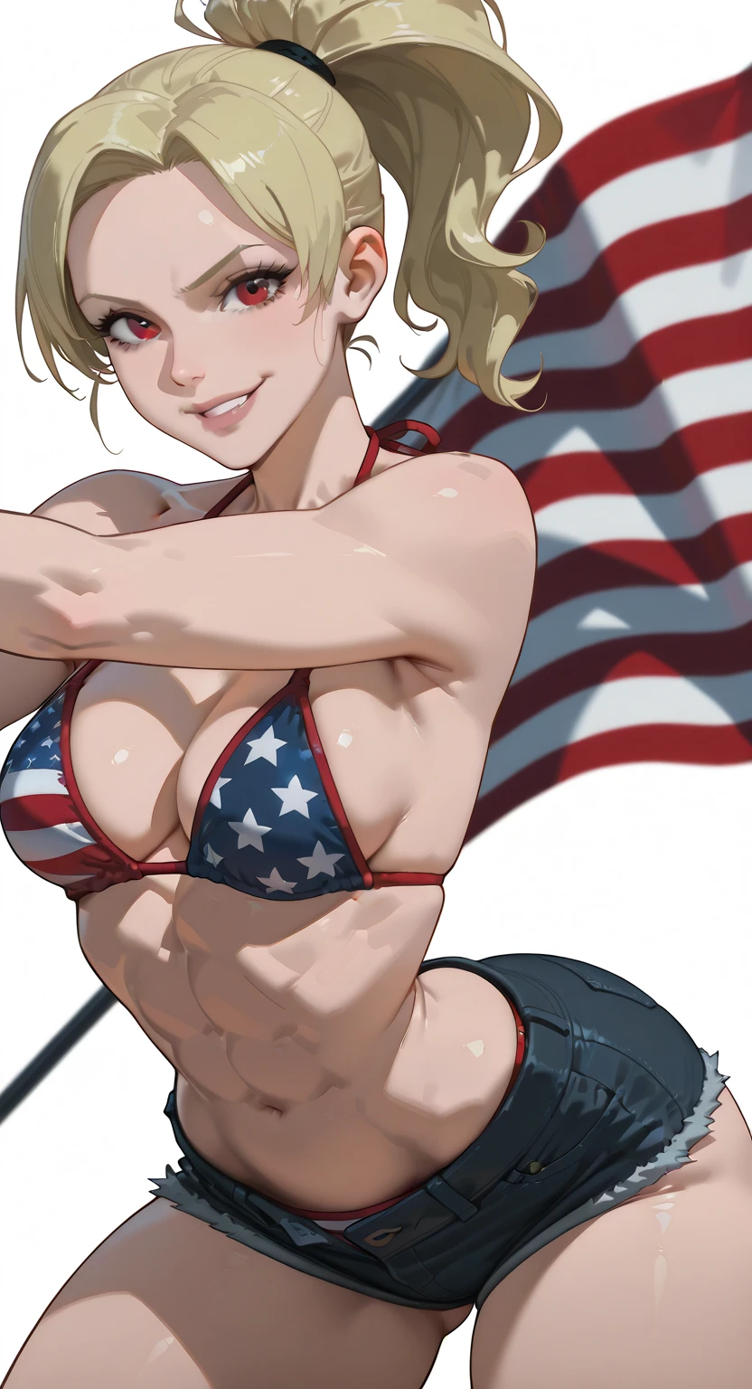 score_9, score_8_up, score_7_up, score_6_up, source_anime, 1girl, standing, hellsing, seras, blonde hair, indoors, night, night sky, nighttime, vampire, smirk, fangs, ikuchan, huge breasts, looking at viewer, faceless, standing, 1girl, raceplay, smug, faceless, navel, head out of frame, solo focus, choker, solo focus, standing, solo, ((tiny waist)), ((femdom)), hair over one eye, toned, lean, abs, crop top, knotted crop top, knotted shirt, American flag bikini, knotted bikini