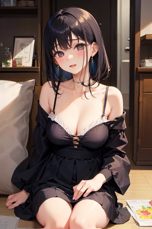 (1girl:1.3), Masterpiece, Best quality, amazing beauty, [[3D]], 4K, absurdres, finely detail, super detailed eye, perfect ???????, official art, cinematic lighting, BREAK, bedroom, silky short hair, black hair, super shiny detailed blue eyes, embarrassed, BREAK , big breasts, sitting bed in bedroom,