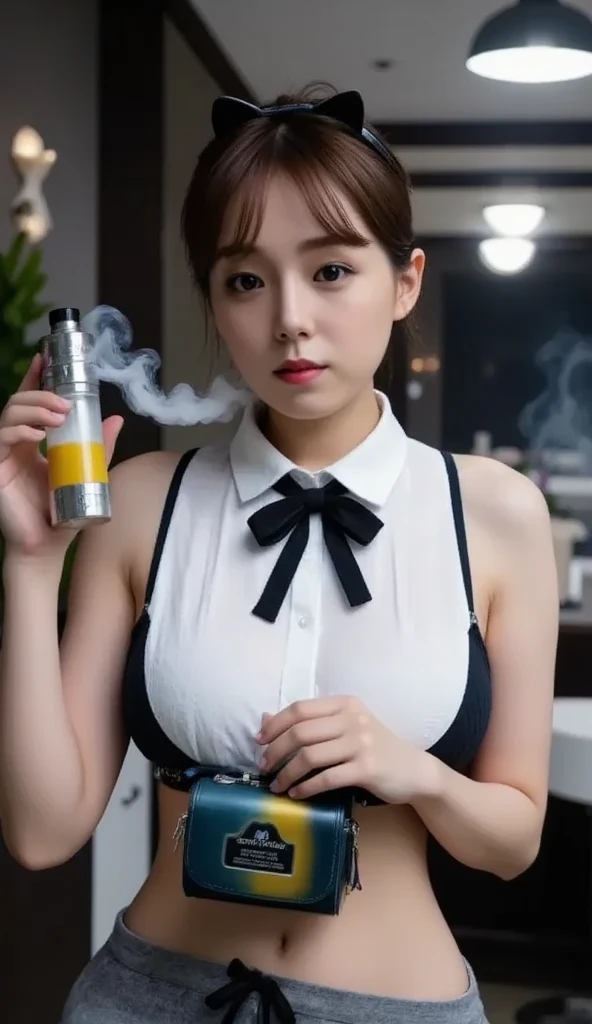 A lovely woman, sexy over exposed business attire, confident stance, wielding a laser sword ramen advertisement 'obliterate your hunger', insane over the top advertisement
