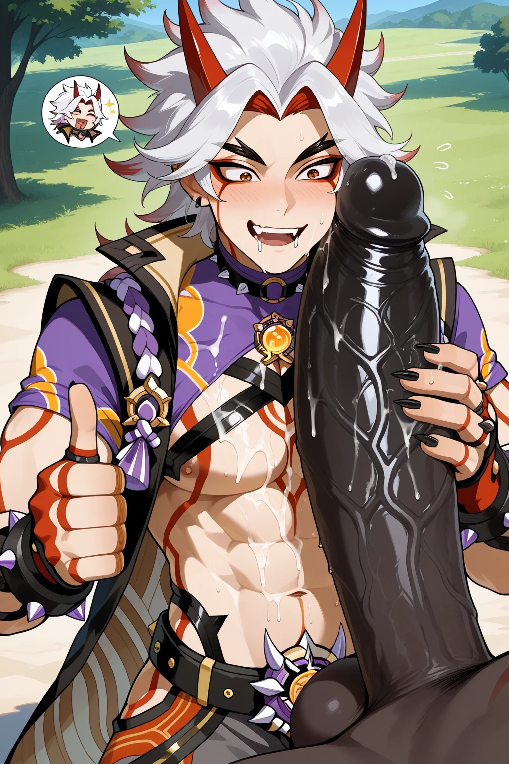 (score_9,score_8_up,score_7_up,score_6_up,score_5_up,score_4_up, source_anime), 8k, best quality, best lighting, BREAK, muscled, naked, , ((veiny arms: 1.3)), ((extremely super huge and thick and long and long and long penis: 1.7)), completely erect, ((extremely super big and huge testicles: 1.5)), japanese room, arataki itto, genshin impact, red eyes, 1man, ((male focus)), solo, white hair, long hair, oni horns, red streaked hair, male face, red body paint, black nails, 