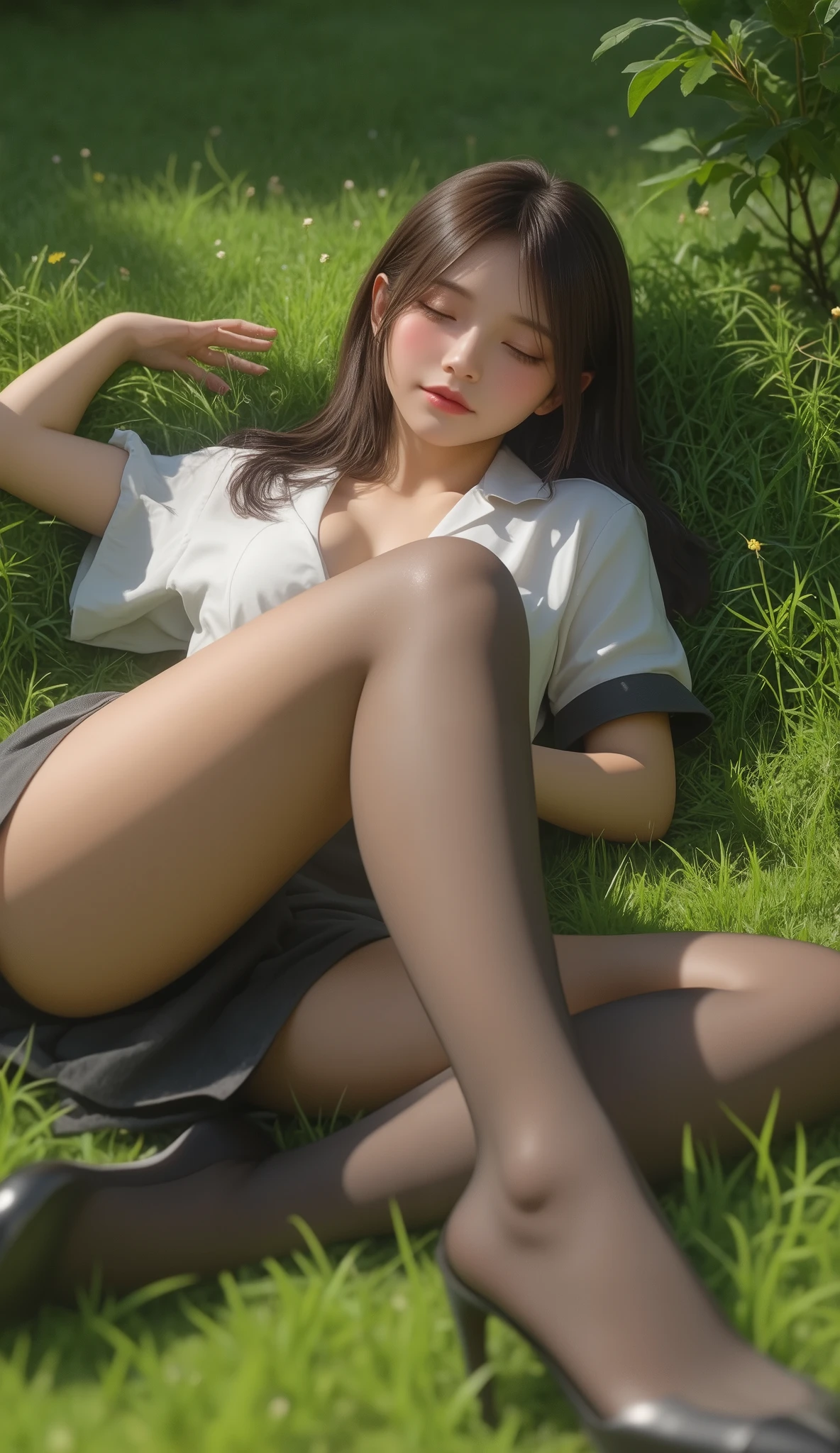 Realistic, Very high resolution, Soft Light,1 female, alone, (Detailed face), Long Hair, Lying on the grass, View from below, Huge breasts, Spread your legs，Showing panties, See panties, secretary_uniform, Black mini skirt