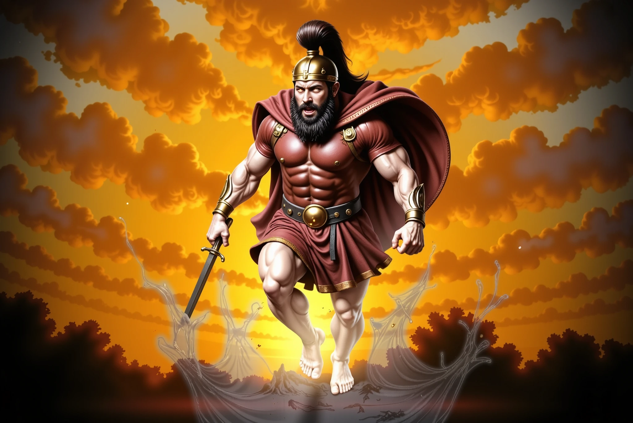 Ares, the Greek god of war, descends from the heavens engulfed in swirling flames and divine fury. His body is muscular and glows with the polished sheen of gold, each muscle sculpted with anatomical precision. He wears a bronze Corinthian helmet with a dark red horsehair crest flowing backward, exposing glowing, incandescent eyes and a snarling mouth. His thick beard and long black hair stream out from beneath the helmet.
Ares is dressed in a sleeveless crimson tunic, cinched at the waist by a wide dark brown leather belt with a bronze buckle. A blood-red cape billows behind him, partially consumed by the fire. In his right hand, he wields a short, slightly curved sword aimed downward, while his left fist is clenched in divine rage.
He hovers just above the scorched ground, creating concentric shockwaves of molten orange light rippling outward from his descent. The terrain cracks and glows with raw energy beneath him. Surrounding Ares are billowing clouds of smoke and fire—fiery reds, oranges, and yellows forming a halo behind his head. The lighting is dramatic, casting deep shadows and golden highlights across his body and armor.
The composition is dynamic and mythological, with a low-angle view to emphasize his overwhelming presence. The scene evokes cosmic wrath and power, as if the entire world trembles beneath the return of the god of war.