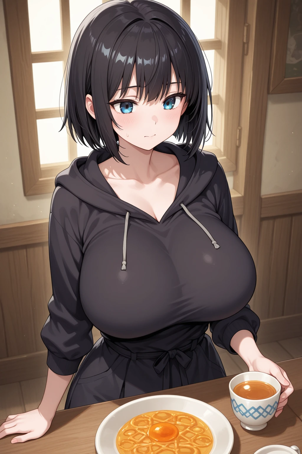 ((masterpiece)), ((best quality)), (ultra-detailed), ((extremely detailed)), 4K, (8K), best quality,, ((perfect anatomy)), (((((five fingers))))), ((((beautiful detailed eyes)))), (((world-class quality))), (photorealistic), extremely detailed, high resolution, ((detailed shaded pretty face)), (((house wife))), solo, (((sagging breasts))), ((glowing detailed skin and hair)), white-skinned, (((glistening skin))), huge ass, , baby face, black hair, bob cut, potbelly, yorha no. 2 type b, ((wearing black dress)), (black garter straps), (black pantyhose), , black skirt, skindantation, black long sleeve, hair over one eye, thick thighs, black Hair band, full-face blush, cleavage see-through, thigh focus