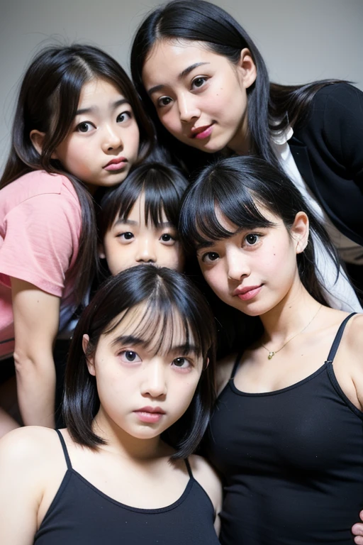 masterpiece、High resolution、Japanese、low length、(Make a nasty face with your mouth open and your tongue sticking out:1.3)、(Completely naked:1.5)、Sweaty、Young Face、Small breasts、10 years old、Young face、Looks like an elementary school ???、Three people