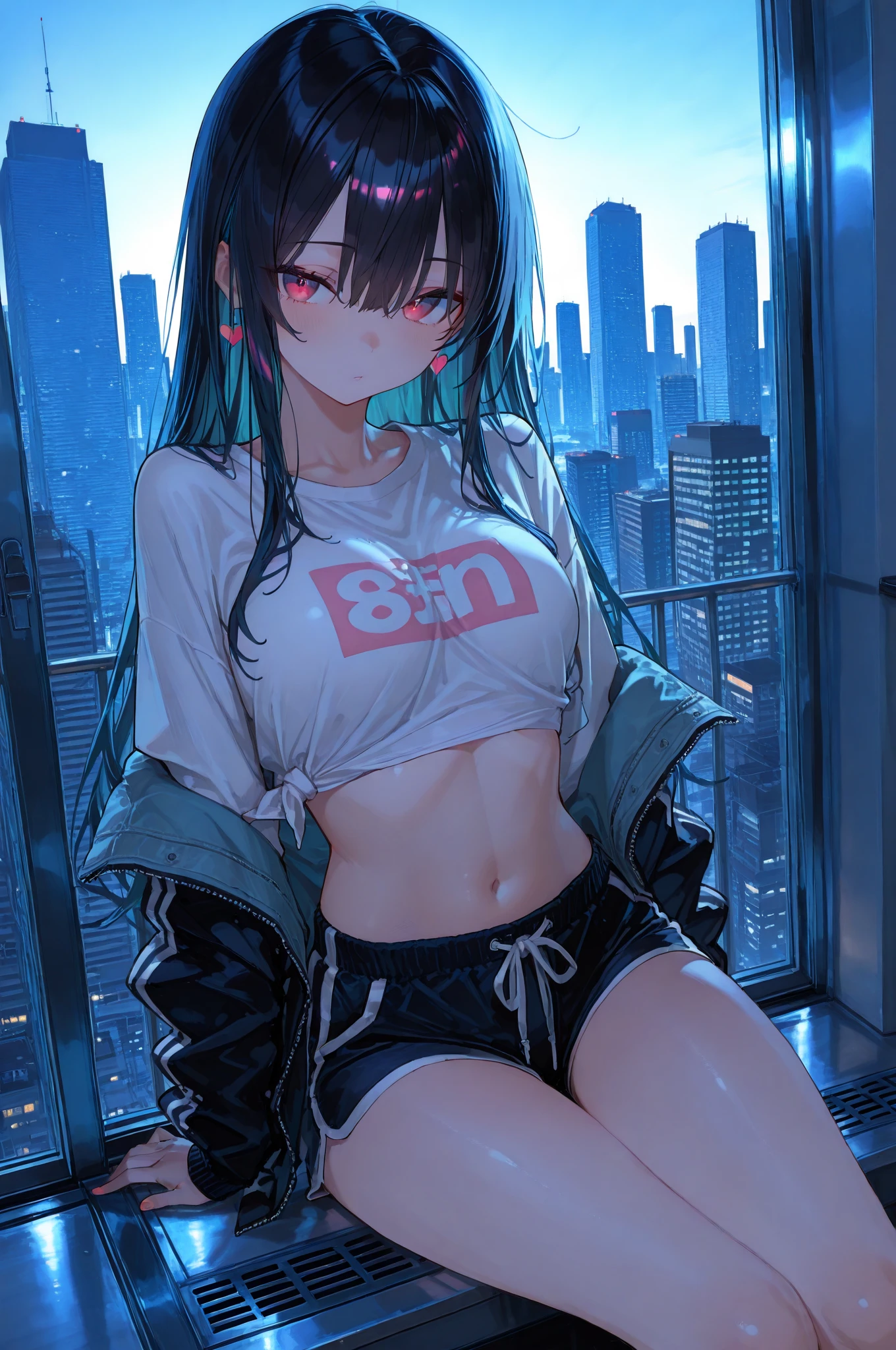 (masterpiece, best quality), 1 Girl, Black Hair, Glasses, Cyberpunk, Solitary, Waist-high, Sexy appearance