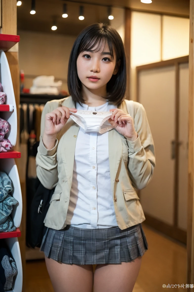 (((leaning forward:1,bent over))),Inside a suit shop,(The skin is wet from sweat),Wearing a shirt:1.2,Suits lined up,looking at the camera,Cleavage,smile,Skirt Lift、Lift your skirt with your hands,woman, 20-year-old, Short Hair、bangs、(Plain suit skirt),(White lace panties)、Cute earrings,Natural lighting