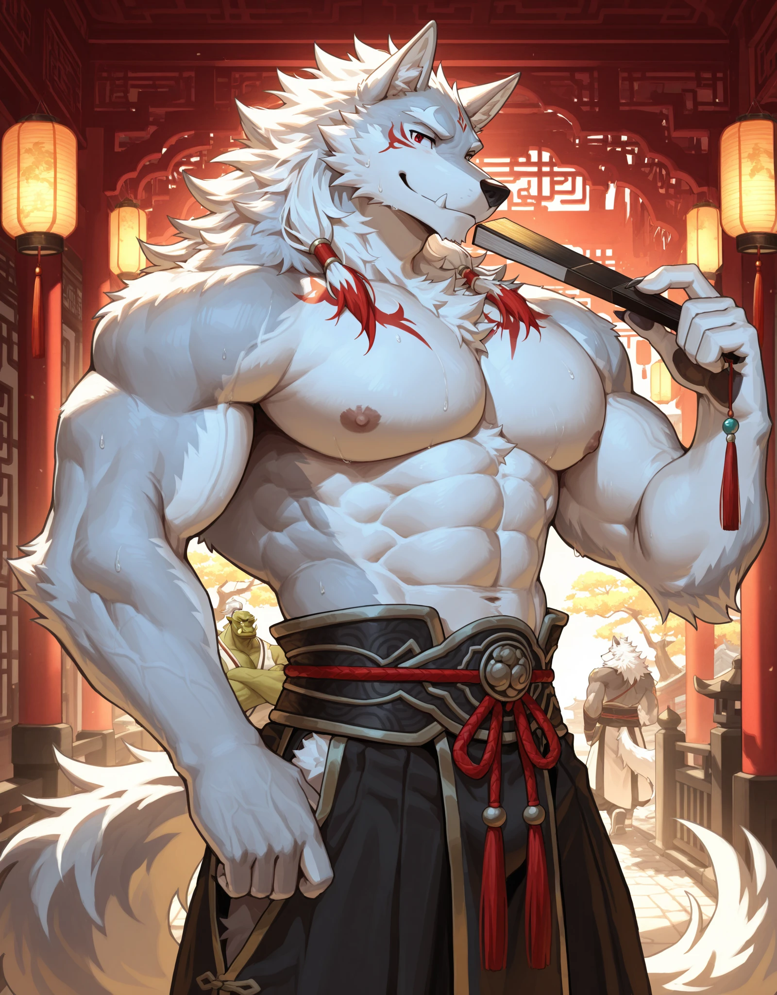 ((best quality)), ((masterpiece)), (ultra detailed), perfect face,(sharp eyes),sharp focus, (by null-ghost,by traver009,by lindong,by pino daeni),(male antro arctic fox):1.7,((white fur)), ((white belly)), (fox ears), sharp eye,ultra-detailed eyes, Beautiful and delicate eyes, ((green):0.1 eyes), ((fluffy fur, fluffy, furry body)), muscular male , smile, (bulge), reflection, sexy body, middle-age, strong, (((sfw:1.5))),(white fox tail, long fluffy tail), (abs, strong muscle, 6 pack), claw, pink nipples, handsome, majestic,Delicate canine teeth, hairy, male, in the bamboo forest, anime,shirtless, (wearing kimono(open))  , (full body) sweating:1.7