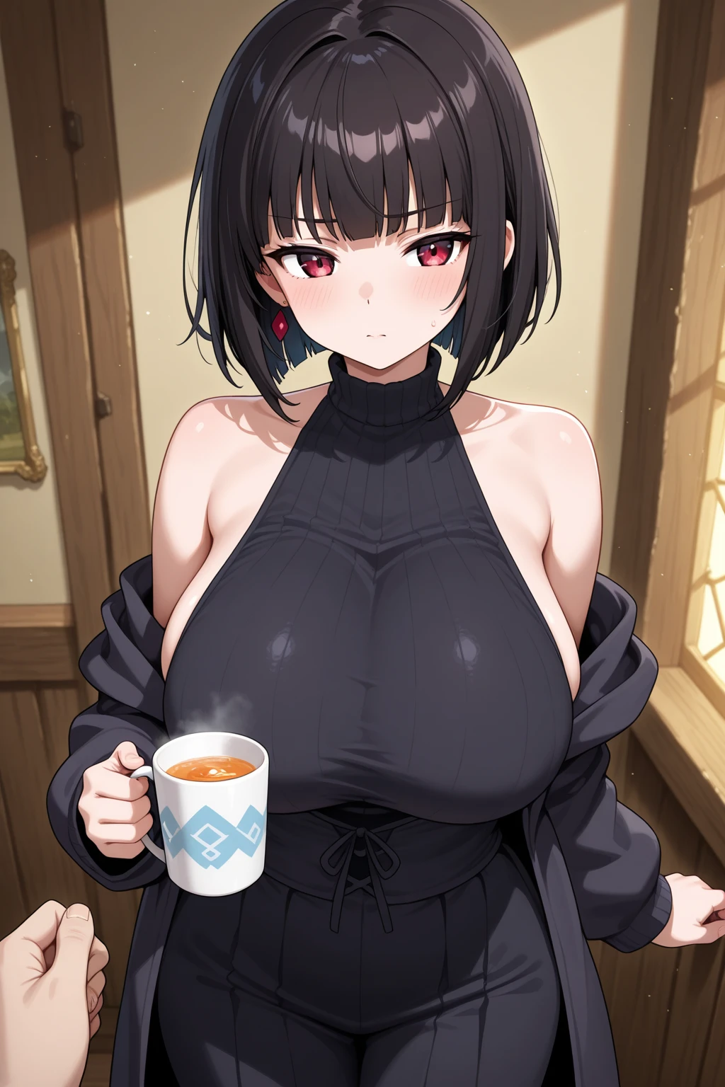 Petite cute Japanese woman 24 years old, Graceful physique, cat ears, Big green shiny eyes, black hair with scarlet highlighting, disheveled; small pointy breasts; Cute casual clothes, A cup of coffee in his hand, sleepy expression; Anatomical realism, hight resolution, high quality textures, higly detailed