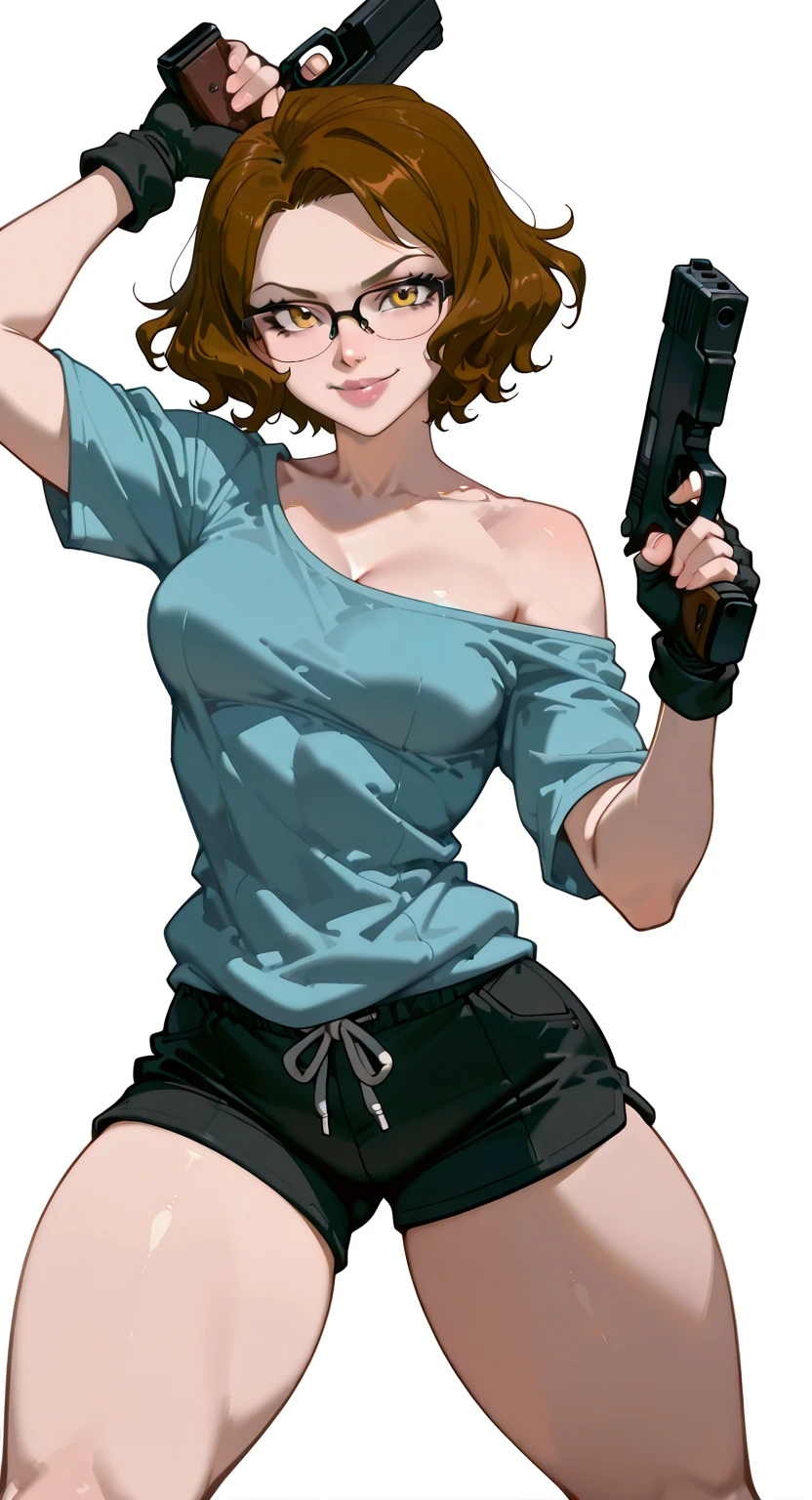 uma mulher com uma blusa roxa segurando uma arma e usando luvas, girl with gun in hands, glamorosa Jill Valentine, protagonista feminina 👀 :8, Gun in hand, a pistol in hand, segurando uma arma, Yayoi Kasuma, Lagoa Negra Revy, revy da lagoa negra, personagem feminina de anime, female action anime girl, fujita goro!, inspirado em Ayami Kojima, Kusanagi, protagonista feminina, pose de tiro, fanart de alta qualidade