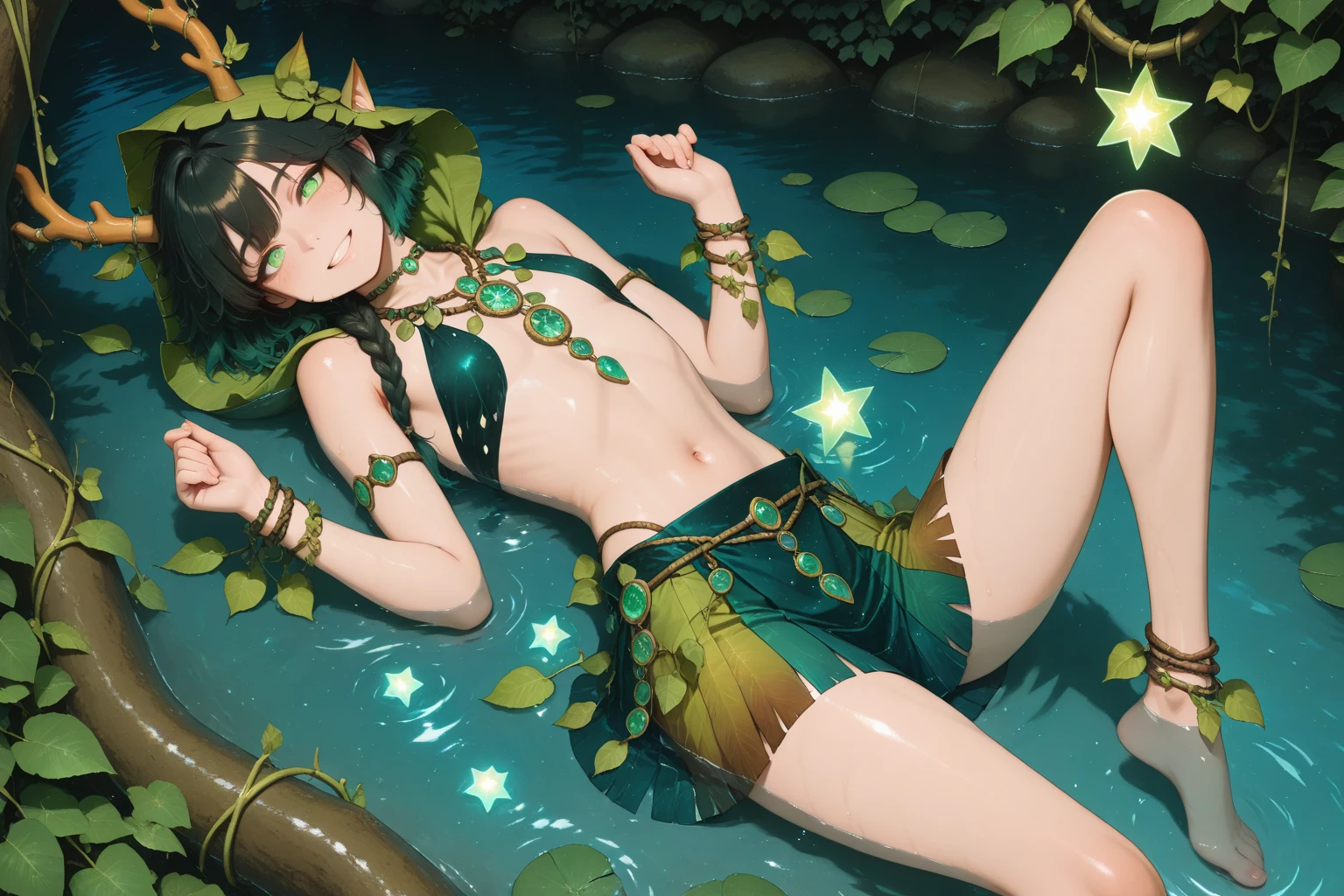 masterpiece,best quality,1girl, solo, pointy ears, pink eyes, hair ornament, green hair, hair flower
(Swimwear:1.2)

 <lora:Castelle:0.8>