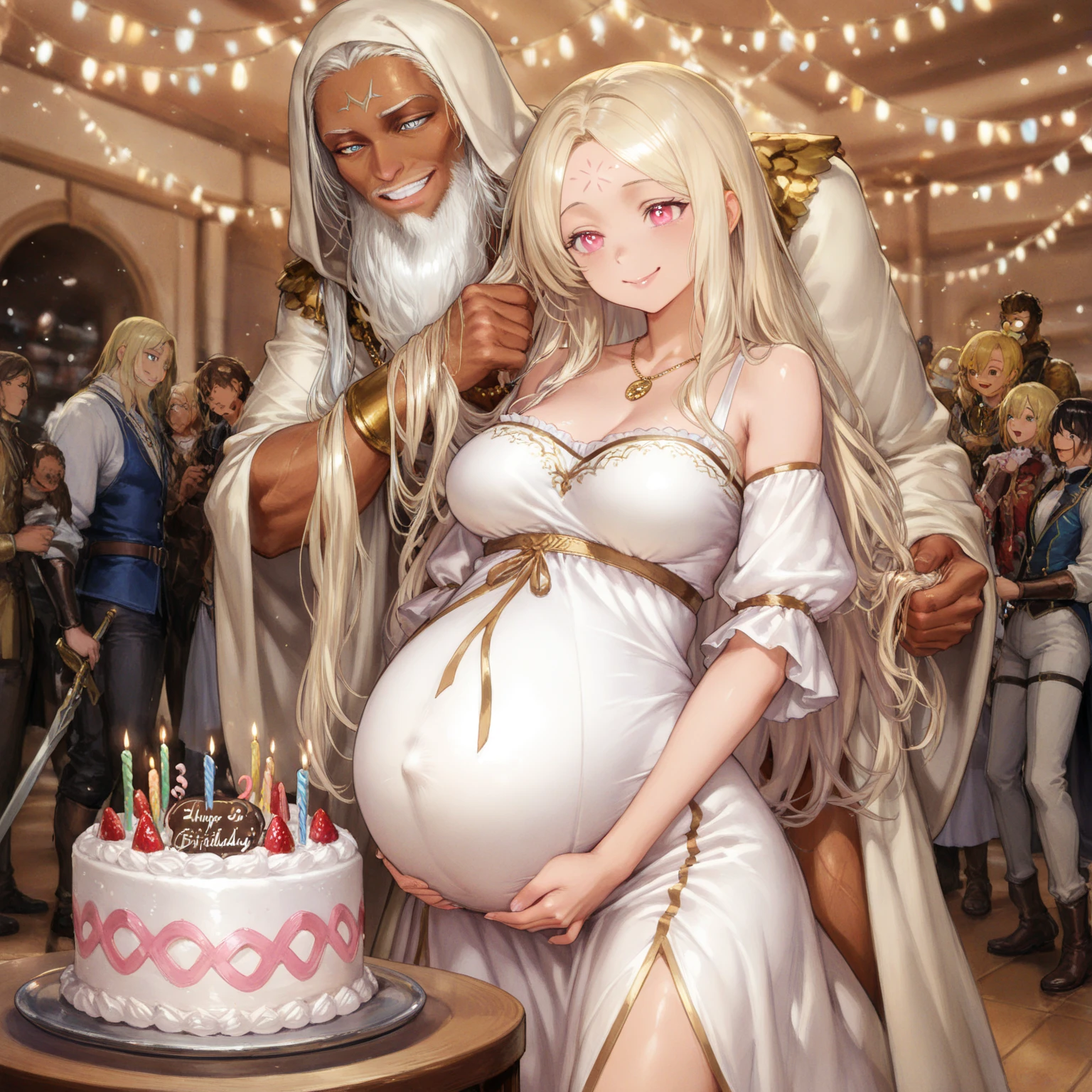 ((Highest quality)), ((masterpiece)), (detailed), (Perfect Face)、The woman is Tsukino Usagi, an Arab Muslim with vivid brown skin, and is wearing a gorgeous, glittering abaya with gold embroidery, a gorgeous hijab, a gorgeous hair ornament, gorgeous jeweled accessories, and an engagement ring in a luxurious Islamic mansion. The woman and the man are sitting on a luxurious, large sofa in the luxurious room, and the woman is passionately embracing and passionately deep kissing the dignified, bearded, middle-aged Arab Muslim man wearing Arab national dress, making passionate love as a married couple.、The woman is the elegant Tsukino Usagi, with long blonde hair in a chignon twin tail, wearing an abaya and a gorgeous hijab, and a bright brown-skinned Muslim Arab.、(The woman is a dark-skinned Arab Muslim named Tsukino Usagi)、The man is a Muslim, dignified, strong-looking, bearded, middle-aged Arab man wearing traditional Arab clothing.、the woman is pregnant
