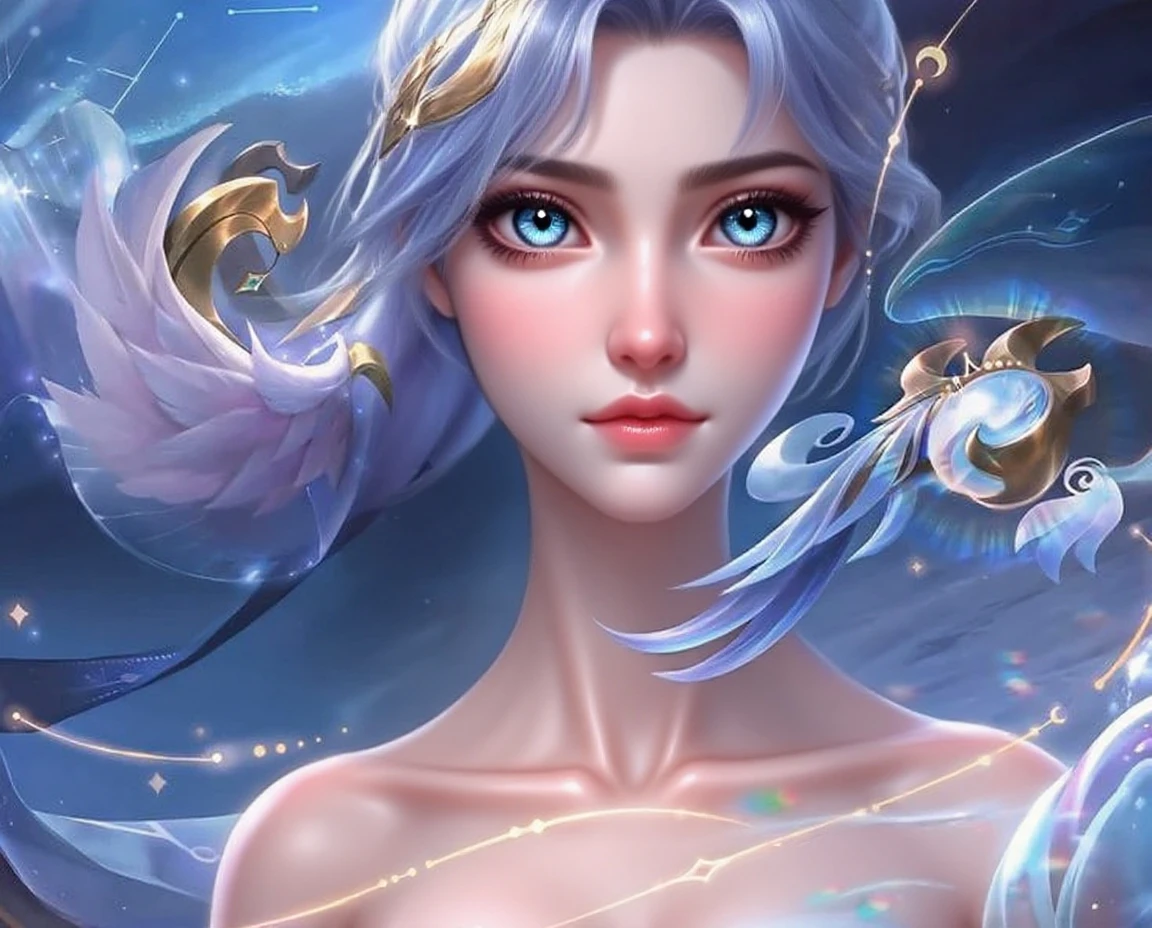 ((The Little Mermaid)), masterpiece, Highest quality, 8k ,Realistic, Highly detailed face, Highly detailed eyes, Highly detailed lips, (Cute Face), Light purple breastplate, Big Breasts 1.5, Tight waist, Light blue hair, blue eyes, ((Detailed depiction of the lilac scales below the navel)), (Tail fin facing up), ((Lying on the beach)), Random sexy poses, Holds a golden trident in his right hand, Place a golden tiara on your head, Wear a gold bracelet on your left wrist,