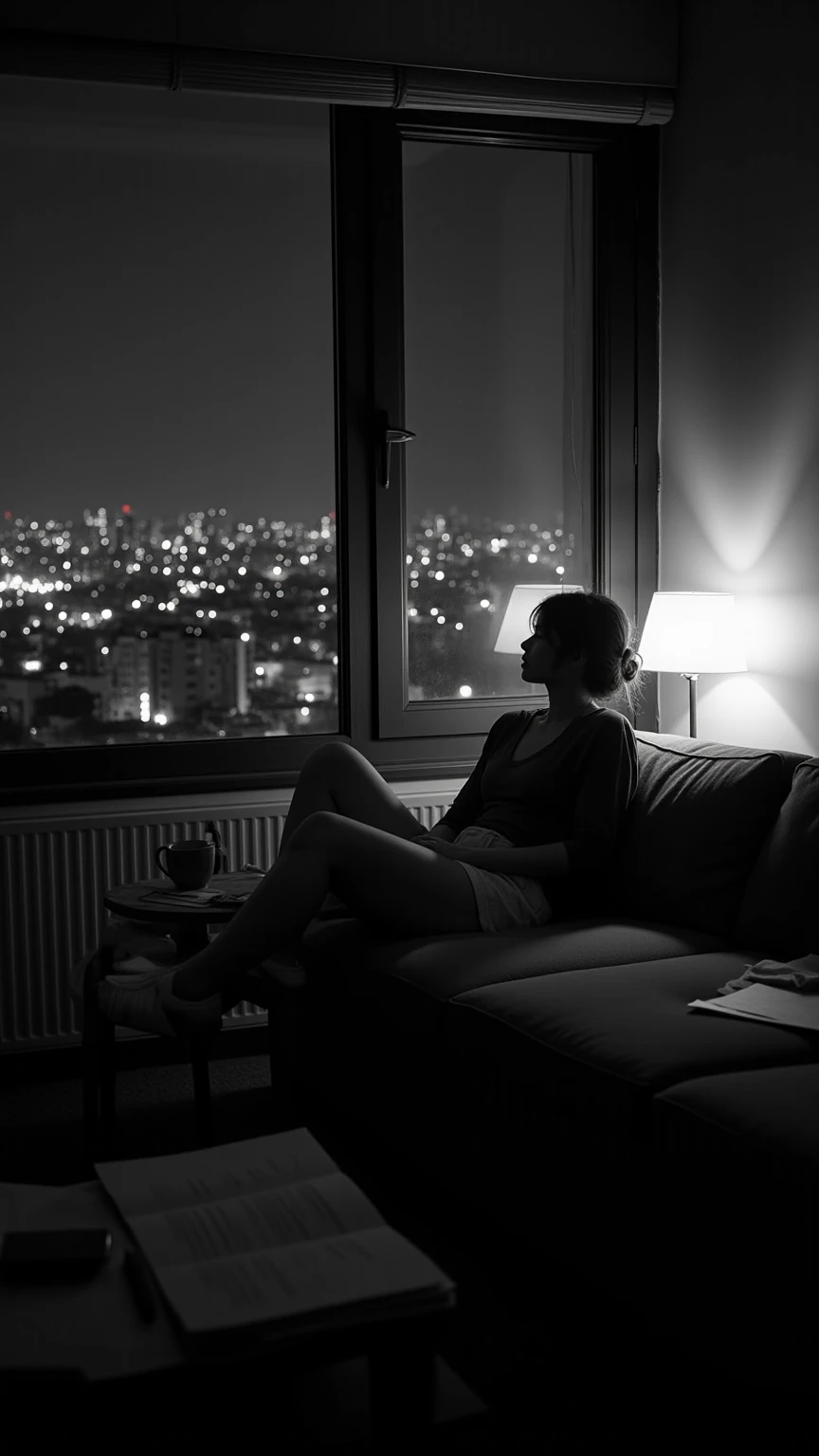 A nighttime scene with a dark sky outside a window. Inside the window, there's a cozy sofa where a very sexy girl in lingerie is sitting. Sheis absorbed in her activities, such as reading a book or watching a movie, completely unaware of being observed. The interior lights are warm and inviting, casting a soft glow that contrasts with the dark, quiet night outside. The photograph is a 35mm film shot with professional equipment, and it has a 4k resolution. The lighting is during the golden hour, and the depth of field is F2. The composition follows the rule of thirds.