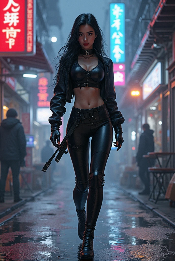 Cute Girl, elf, full body, Wizard, pointed ears, masterpiece,(bestquality),highlydetailed,ultra-detailed, 1 girl,(black and red tones),(mechanical),(cool),(biodesign),( biomechanics),long hair,(wires and tubes),(futuristic outfit),(leather jacket),(combat boots),(in a cyberpunk city with neon lights),(holding a magic staff)