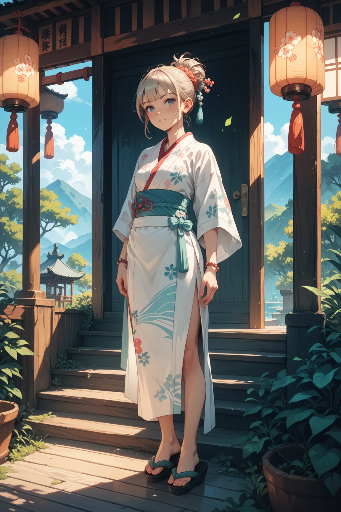 (masterpiece, best quality:1.5), (ultra detailed, high resolution, 8k, beautiful detailed, UHD, best anatomy), white hair in braids, medium breasts, 1 cute girl, (watercolor painting Art:2), Beautiful Backgrounds, warm tones, Villager Clothing