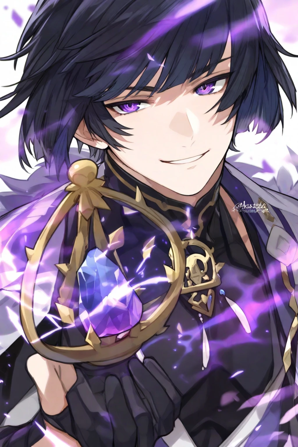 1 boy, bodybuilder, sharp cat ears, cat tail, dark purple messy hair, dark blue eyes, cosmic power, HD, masterpiece, vibrant black boots, lifeless expression, slim purple armor, wanderer_ (Genshin), open mouth, tongue sticking out, shy, ahegao, roll eyes, kneel, (NSFW:1.5), right limbs, right face