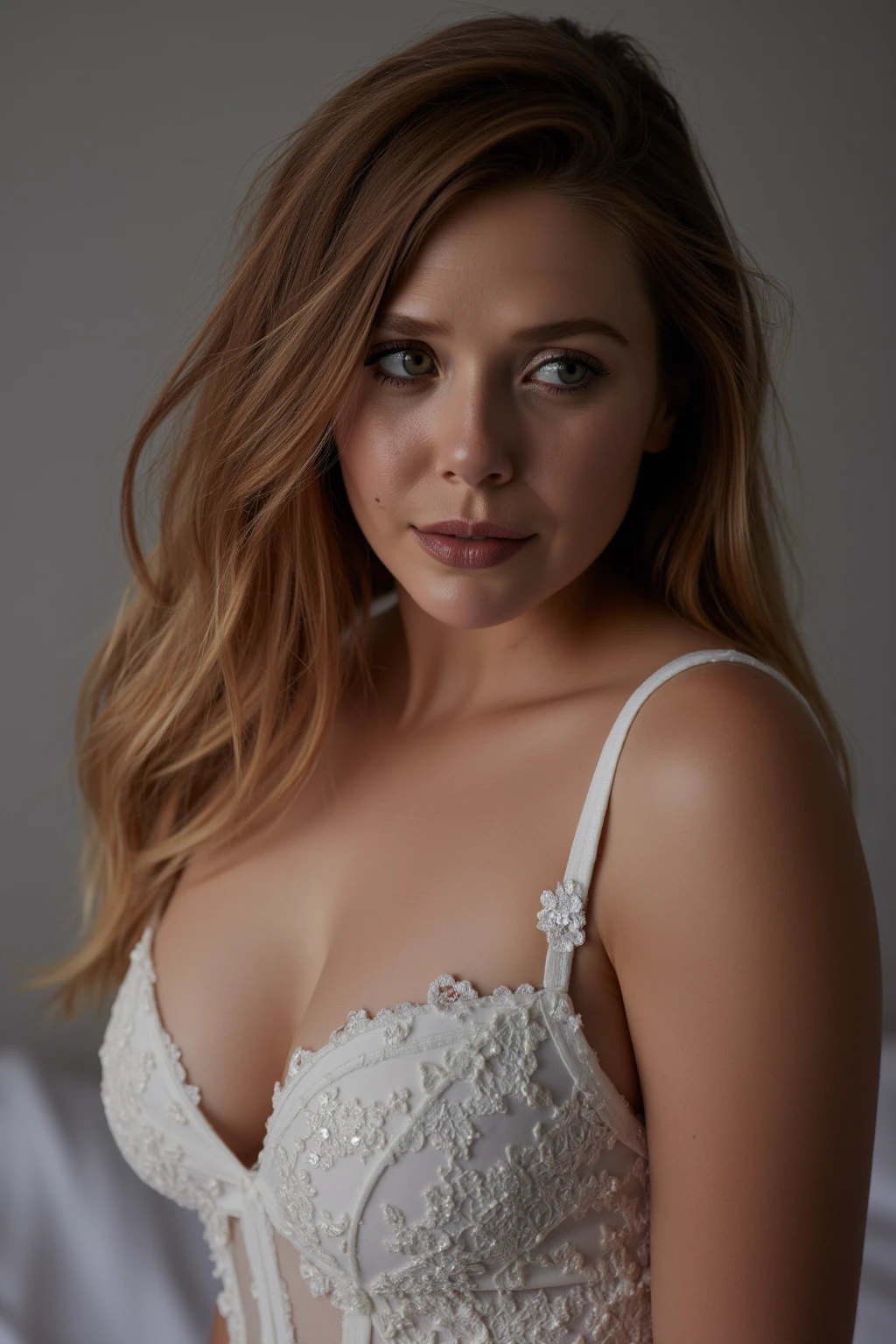 "Create an analog fine-art photograph that captures the carefree beauty of a 20-year-old ginger-haired woman with curly hair, blue eyes, soft makeup, and bold pink puffy lips. She has fair skin, large round breasts, and slightly plump yet toned thighs.  and lush vegetation-printed wallpaper, giving off an adventurous atmosphere. The woman posing  on wooden crates, posing symmetrically with her agape mouth. 

((She wears impossibly tight lace clothing(floral print) and straight blonde hair tied with a large ribbon bow)). Her gaze is downcast as she holds her hands together, highlighting her toned thighs and curvaceous figure. A subtle haze and a soft focus on the background enhance the quality of the image, (backlighting), (depressive colors), faded film, desaturated colors, 70mm photo, grainy, vignette, vintage, Kodachrome, Lomography, Horror movie effects. vignette, high budget, bokeh, epic, Inspiration from the writings of H.P. Lovecraft. ((FROM THE ABOVE VIEW))