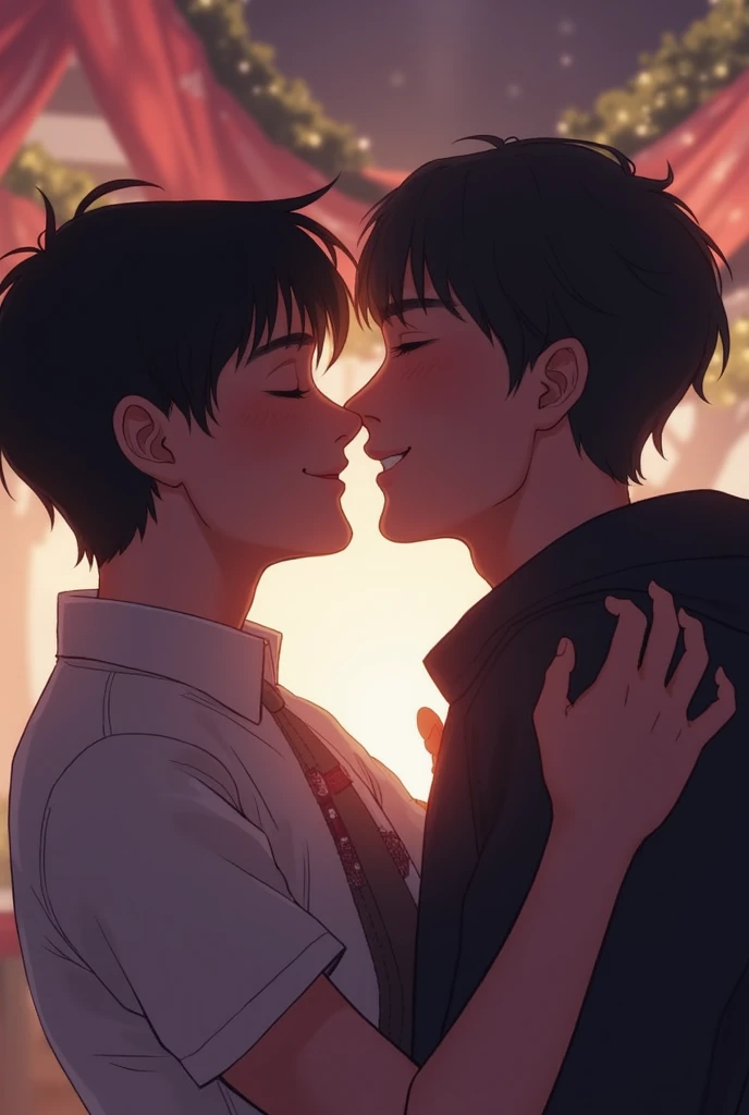 Anime couple kissing under red leaves tree, kiss together。two anime handsome men, boy,kiss together, mouth to mouth kiss。