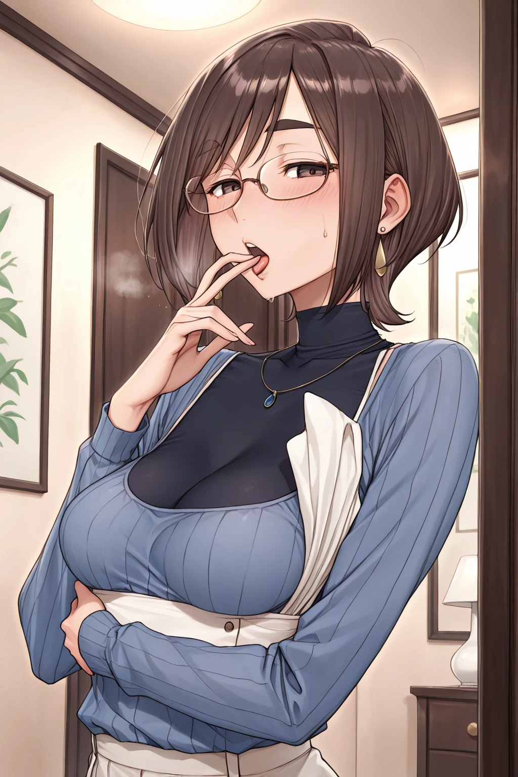 Adult female, highly detailed, glasses, short and messy black hair tied back, blue eyes with black pupils, focused, bedroom, black cardigan, jeans, lingerie perfect eyes, expressive eyes, high quality, walking, busty, embarrassed, happy, blushing, sweat