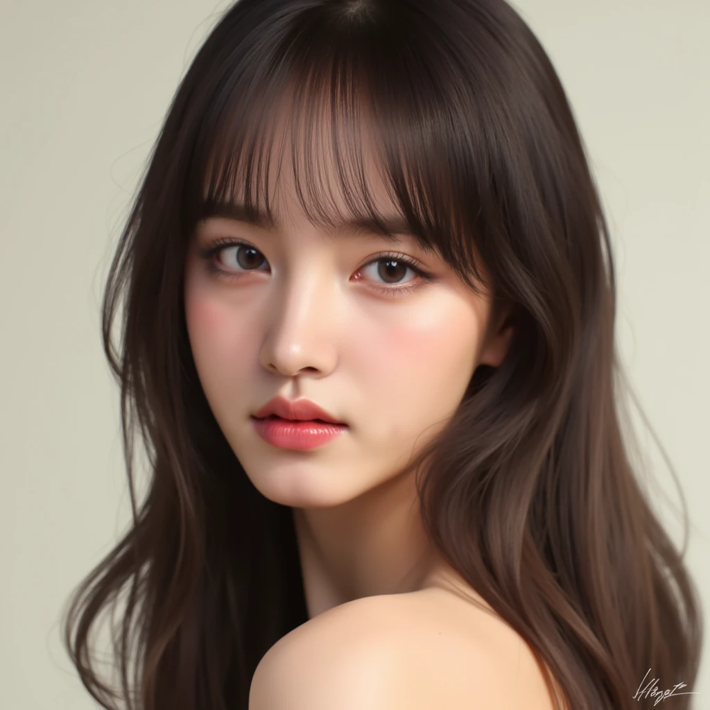 ((masterpiece, top quality, high definition)), 1 girl, (photorealistic: 1.4), solo, white background, snow-white background, mouth closed, happy smile, happy smile, pretty black hair,(black silky long straight hair, long hair flowing over the shoulders:1.3), big eyes, clear double eyelids, eyelashes, ears out, long neck, long neck, absolute area, ((face close-up)), (drawing all head, shoulders), 19 years old, Attractive proportions, shiny skin, clean collarbone, golden ratio face, perfect face, teardrop mole, mole on chest, beautiful bangs, lip gloss, thin lips, fair skin, naked, big breasts, small face, small face, head all drawn, shoulders all drawn, staring at the camera slightly above??