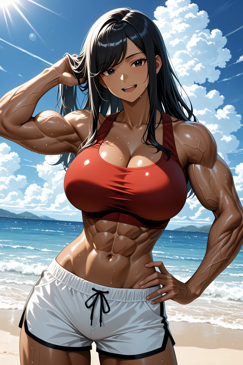 （（（masterpiece、Highest image quality、highest quality、highly detailed unity 8ｋwallpaper）））、（（Illustration of one girl））、（（（beautiful girl）））、（（black hair、Very Longhair、straight：1.2、brown eyes））、（tall、stocky build, thickset physique, muscular legs, broad shoulders, solid chest：1.3）、swimsuit、sandy beach