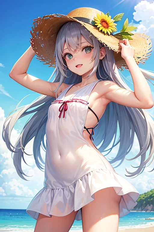 1 girl in, (masutepiece: 1.1), (Best Quality: 1.1), Summery sleeveless mini dress, (Beach: 1.1), The bikini、From below、Cowboy Shot, Silver hair, Long hair, Green eyes, Side view,