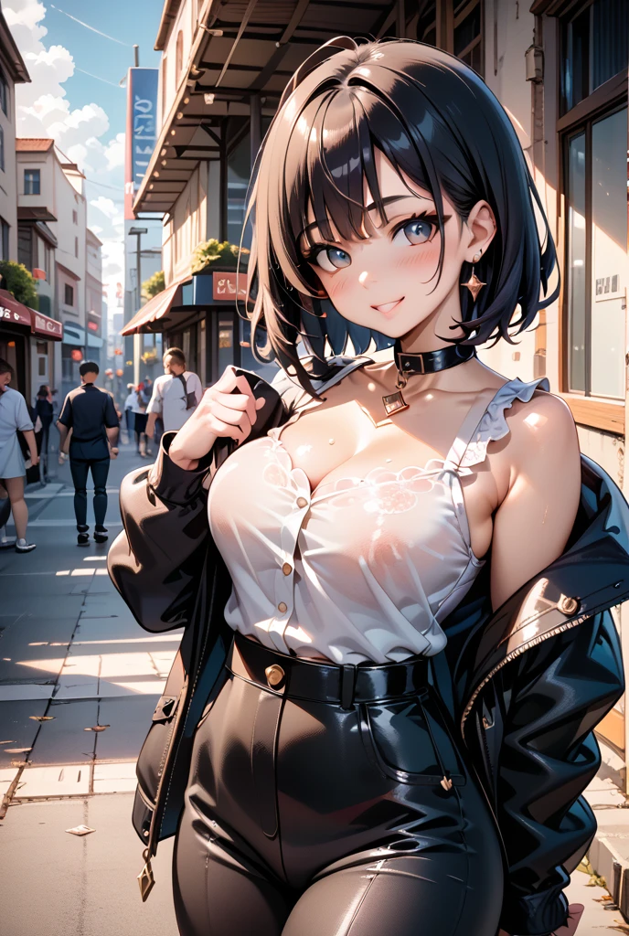 One Woman,short hair, Black Hair, (Close-up shot, Highest quality, High resolution, 4K, Detailed lighting, Shaders),Big Boobs (((White ruffled off-shoulder shirt))), Cleavage, ((Micro Denim Shorts)), Street background,