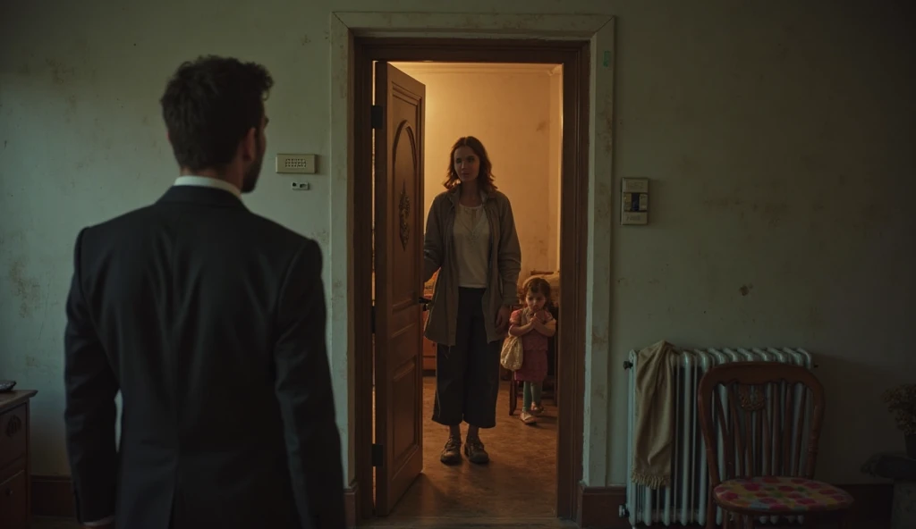A thin 12 year old boy who is skinny weak nervous introvert and coward and a fat lady who was wearing old green coat ballooning her. Her coat brushed against the boy. The boy got squeezed. The background is elevator which has poor lighting and dirty walls it is so small as only 3 people can go once