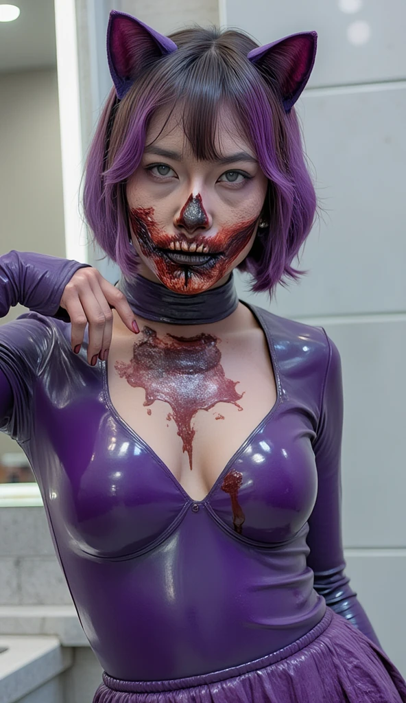 actress (Angelina Jolie) as Mileena from Mortal Kombat, holding pair of sai blades, angry, (sharp, carnivorous extra teeth), pink tight-fitting bodysuit with black patterns, pink stockings, high heels, ((short hair)), intricate, high detail, sharp focus, dramatic, photorealistic painting art by greg rutkowski