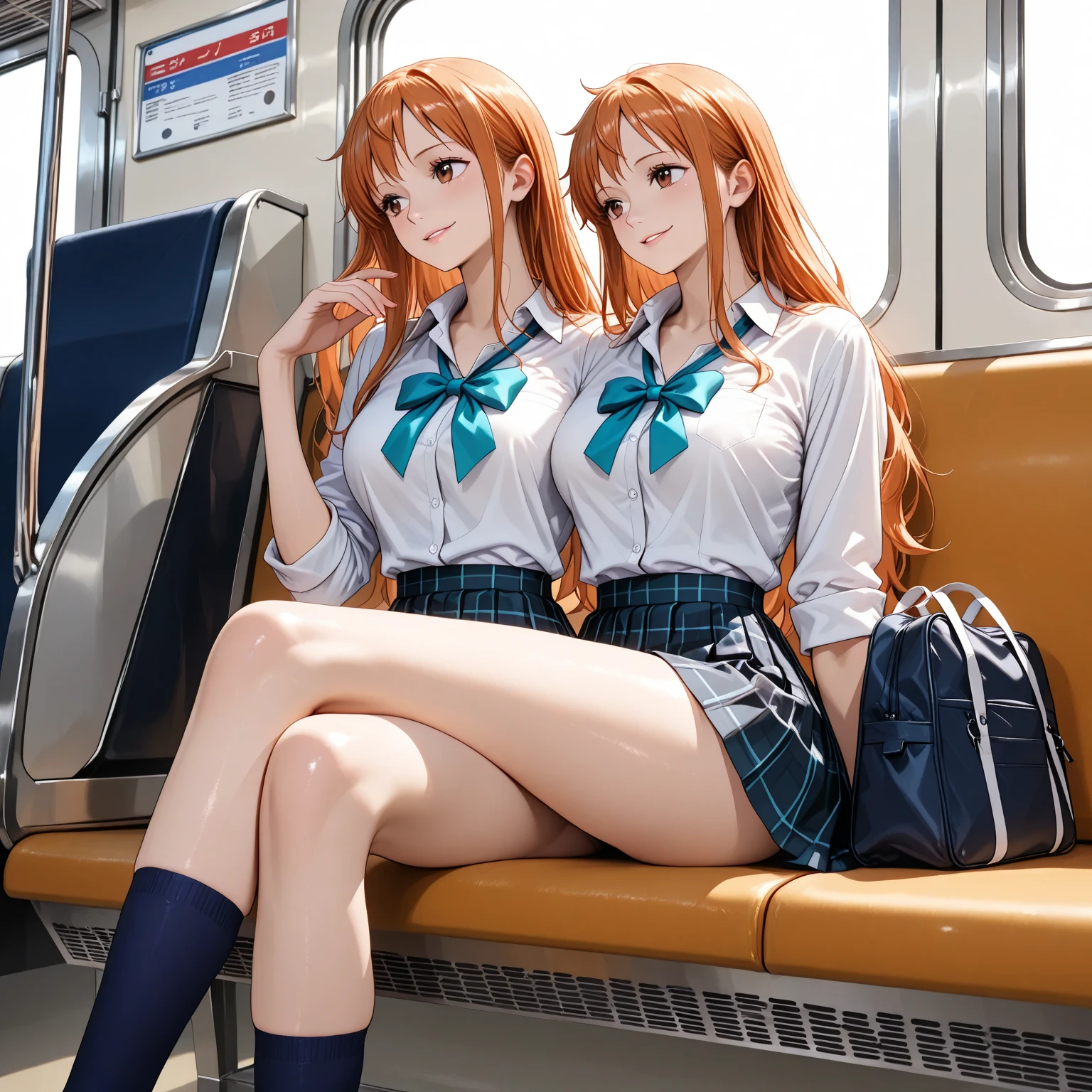 Two cute young school girls standing flirting, redhaired 15 year old girl and 13 year old orange haired girl inside of a japanese train. Wearing bikini with the colors of a typical japanese . View from below.