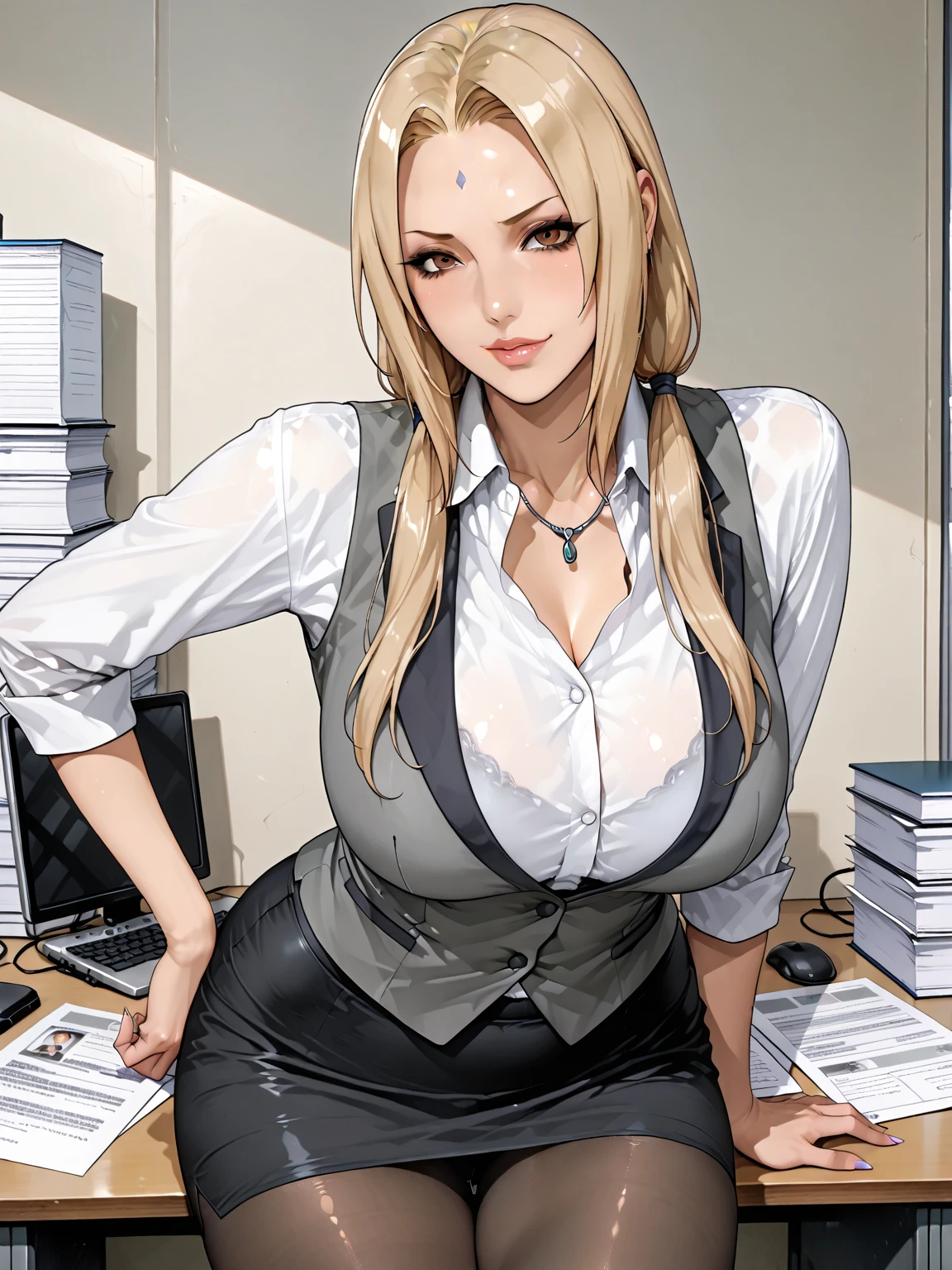 Tsunade working in an office , formal dress , white shirt , black suite , black tie , masterpiece, great detail .