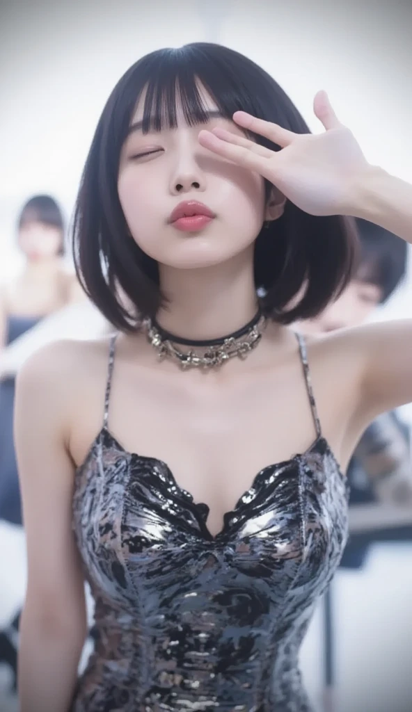 4k, masterpiece, best quality, 1girl, (Korean K-pop idol), glamorous, head:1.3, beautiful eyes, finely detailed skin, looking at viewer, detail face, smiling, (photorealistic:1.4), jewelry, necklace, small breasts, cleavage, black long skirt, slender body