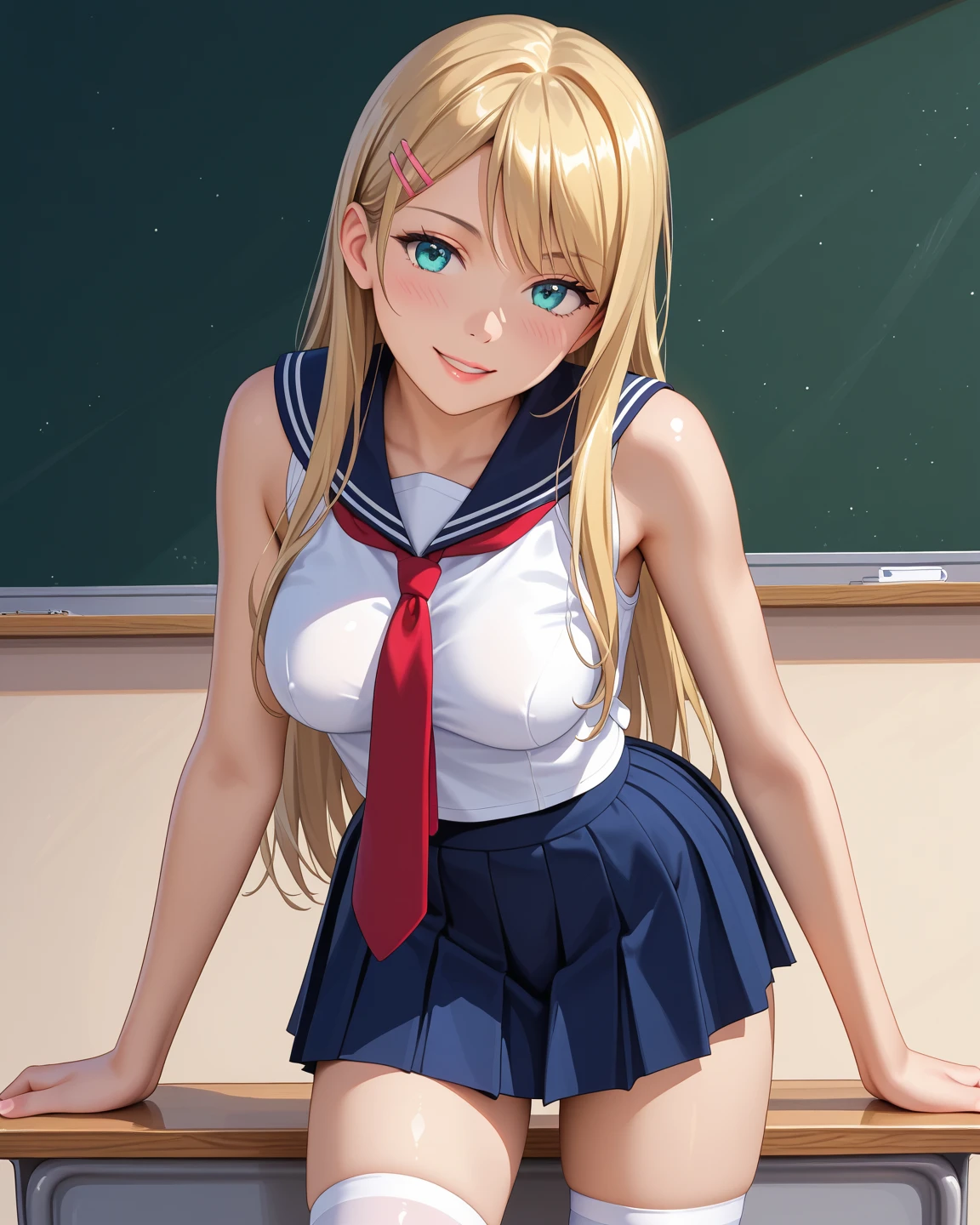 Very detailed CG Unity 8K wallpaper, Cute One lady, Mature Hair、lady ,beautiful lady, pale skin (Super masterpiece, Beautiful person, well detailed face polluted smile, Photorealistic, hyper realisitic), Perfect hands、Five fingers、Perfect hands、Perfect legs、Perfect toes、
((20year old、Sailor suit with short sleeves、Black Sports Bra、Blue short skirt、Best Bust、Bust 85、a blond、Long Hair、Blue eyes、open chest wide、Happiness、Black wristband on wrist、A slender、Shy face、earrings、all fours pose,Get closer to your audience、The gesture of pulling up the hair))、
hiquality、visualart、Romance movie style、
(After-school classroom))、