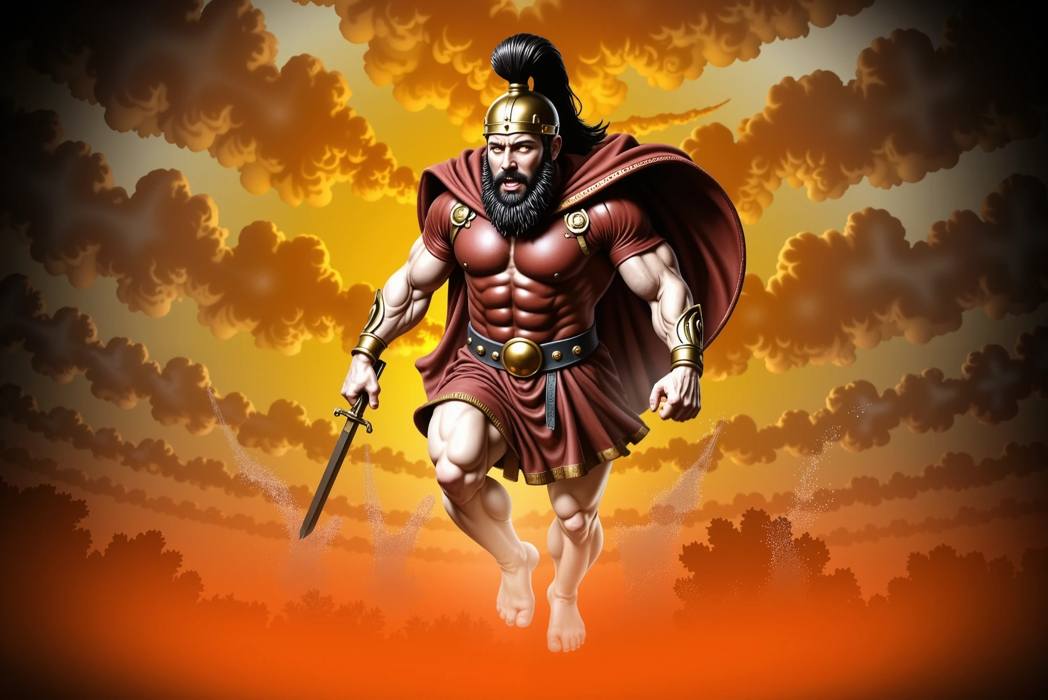 Ares, the Greek god of war, descends from the heavens engulfed in swirling flames and divine fury. His body is muscular and glows with the polished sheen of gold, each muscle sculpted with anatomical precision. He wears a bronze Corinthian helmet with a dark red horsehair crest flowing backward, exposing glowing, incandescent eyes and a snarling mouth. His thick beard and long black hair stream out from beneath the helmet.
Ares is dressed in a sleeveless crimson tunic, cinched at the waist by a wide dark brown leather belt with a bronze buckle. A blood-red cape billows behind him, partially consumed by the fire. In his right hand, he wields a short, slightly curved sword aimed downward, while his left fist is clenched in divine rage.
He hovers just above the scorched ground, creating concentric shockwaves of molten orange light rippling outward from his descent. The terrain cracks and glows with raw energy beneath him. Surrounding Ares are billowing clouds of smoke and fire—fiery reds, oranges, and yellows forming a halo behind his head. The lighting is dramatic, casting deep shadows and golden highlights across his body and armor.
The composition is dynamic and mythological, with a low-angle view to emphasize his overwhelming presence. The scene evokes cosmic wrath and power, as if the entire world trembles beneath the return of the god of war.