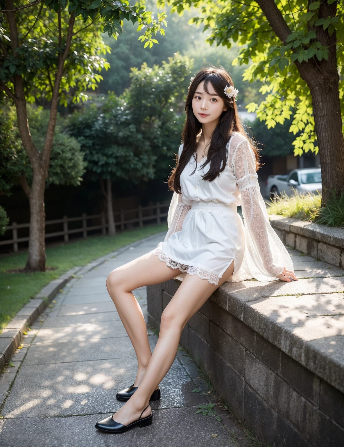 HDR,UHD,8K,Best Quality,Masterpiece,High Detail,Ultra Realism,1 Girl,Full Body,Looking at the Camera,Upskirt,Sitting on the Ground,Legs Spread,Bow,Jewelry,Lace,White Panties,Long Hair,Straight Hair,Portrait,Mystic Forest,Firefly,Bokeh,Mystery,Night,Sky,Clouds,Lakeside,