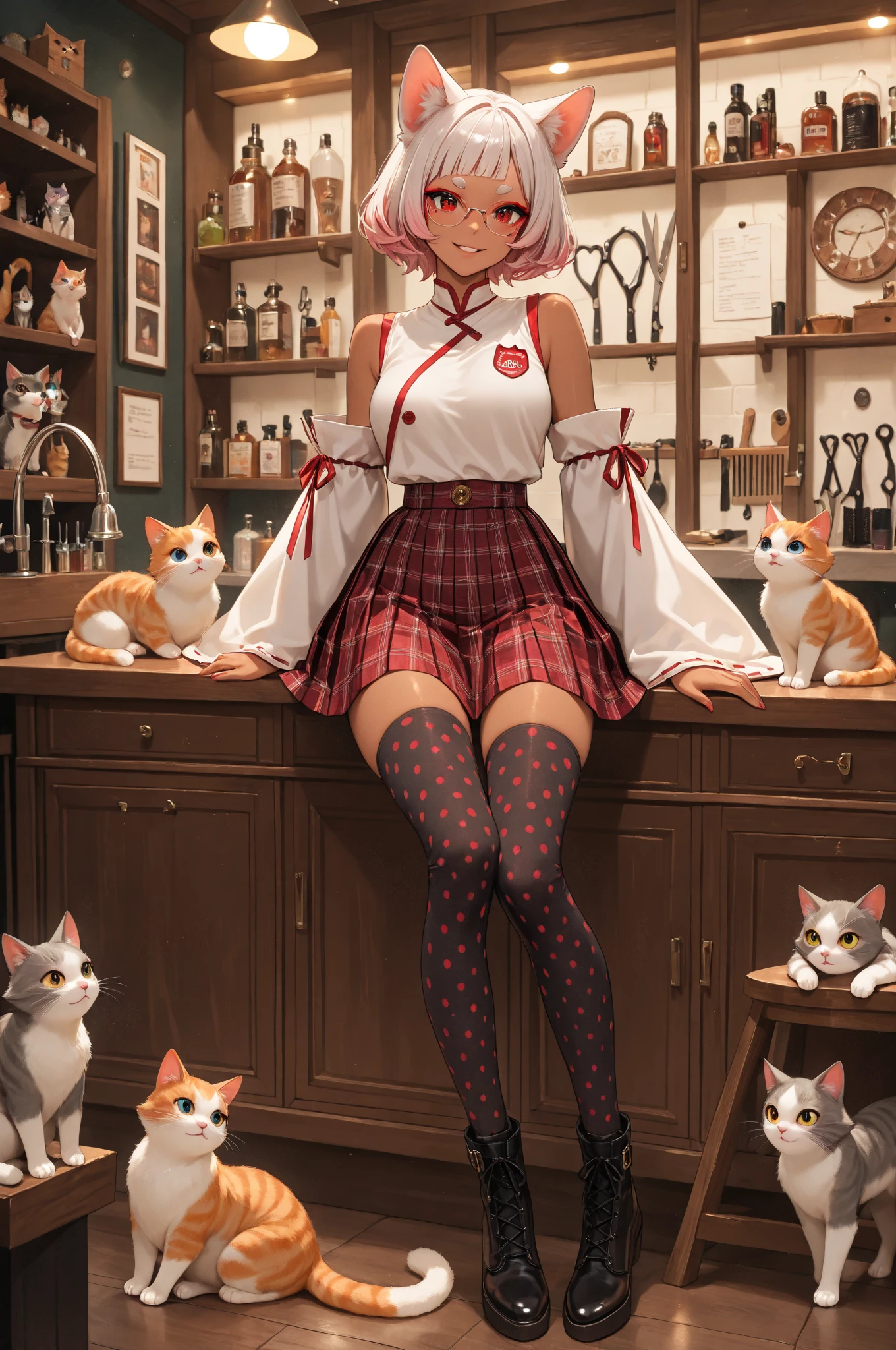 (((berrypunk))), beautiful woman tall boots, (((fluffy cat and coffee))), vibrant manga realistic anime style, beautiful pose, Cyberpunk Cafe