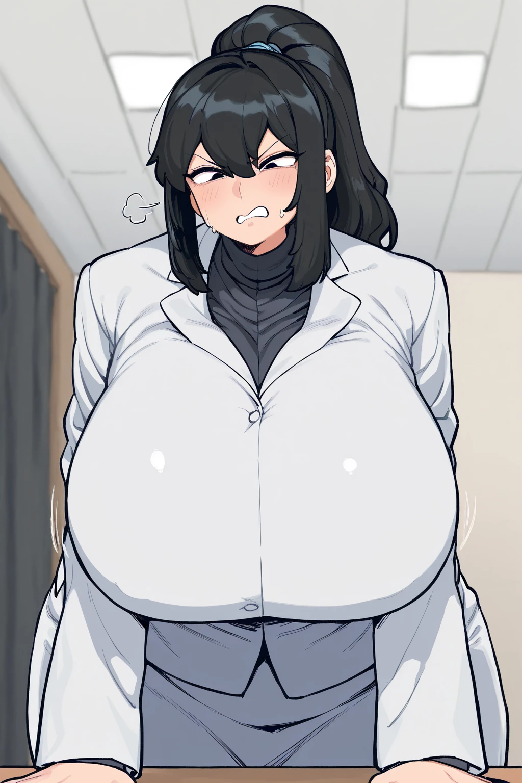One woman、27-year-old female、Huge breasts:1.3、sagging breast:1.3、White、white coat、white gown、Black inner shirt、Black inner shirtと白いコートを着てカメラに向かってポーズをとるアニメの女の子, tits, (SFW) Safe at Work, breasts covered and SFW, (doctor), chic, Revealing clothing, Big Breasts!, have large breasts, SFW huge breasts, tits proportions, honest shinka, Big Breasts!!, honest, Whiteを着て, Cel-shaded adult animation、Brown Hair、ponytail