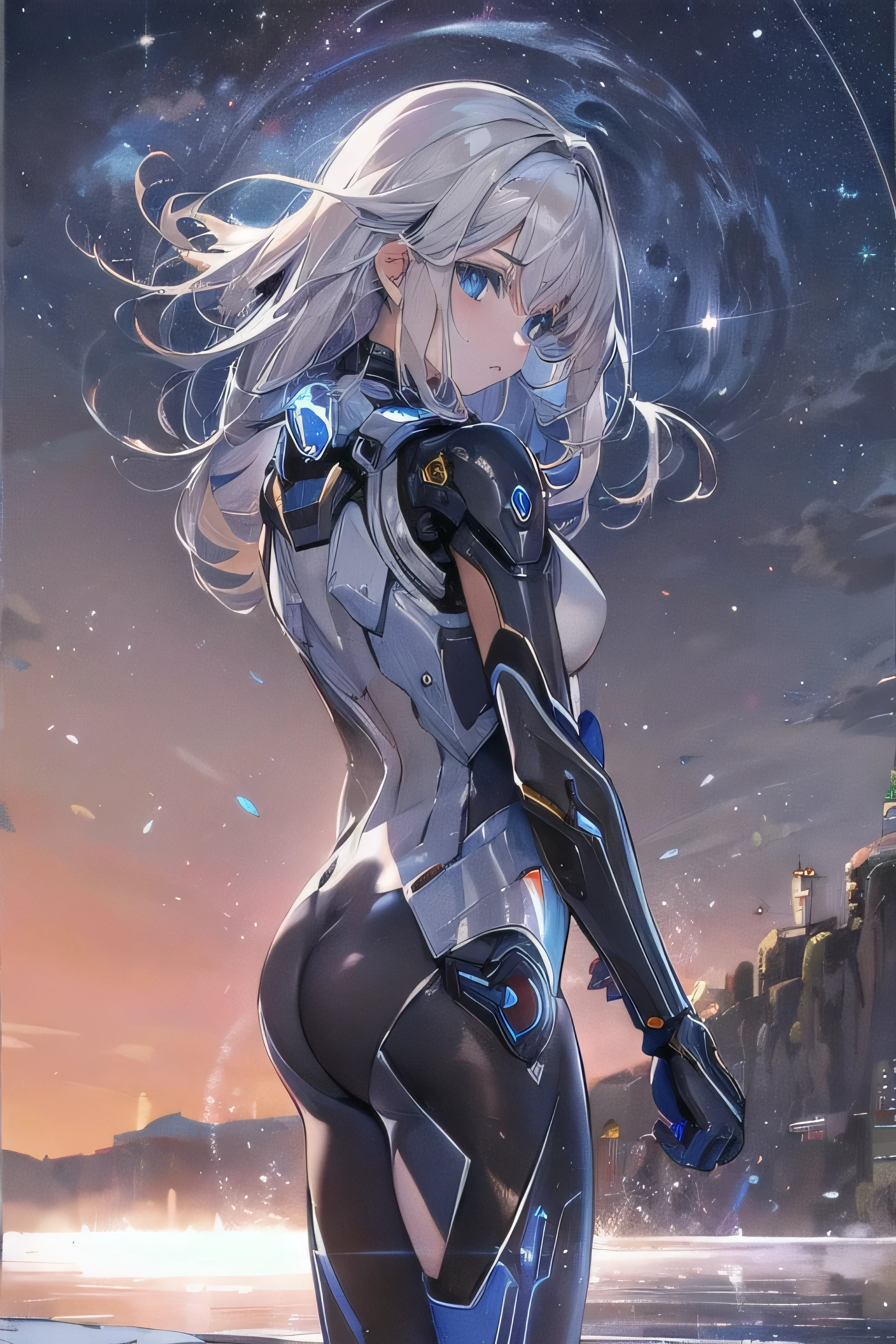 Realistic,highest quality, Ultra Detail, High-quality CG rendering, The most delicate and beautiful, Floating softly, High resolution, (1 girl), (Highest quality,4K,8K,masterpiece:1.2) ,Light purple hair,Rabbit,Bunny ears,ponytail,Red eyes,(Ultra Girl:1.0),(blue ultraman bodysuit:1.4),Blue gloves,Blue shoes, (Turn your back to your audience:1.3),Ass,(背中にウサギのAss尾:1.5),whole body