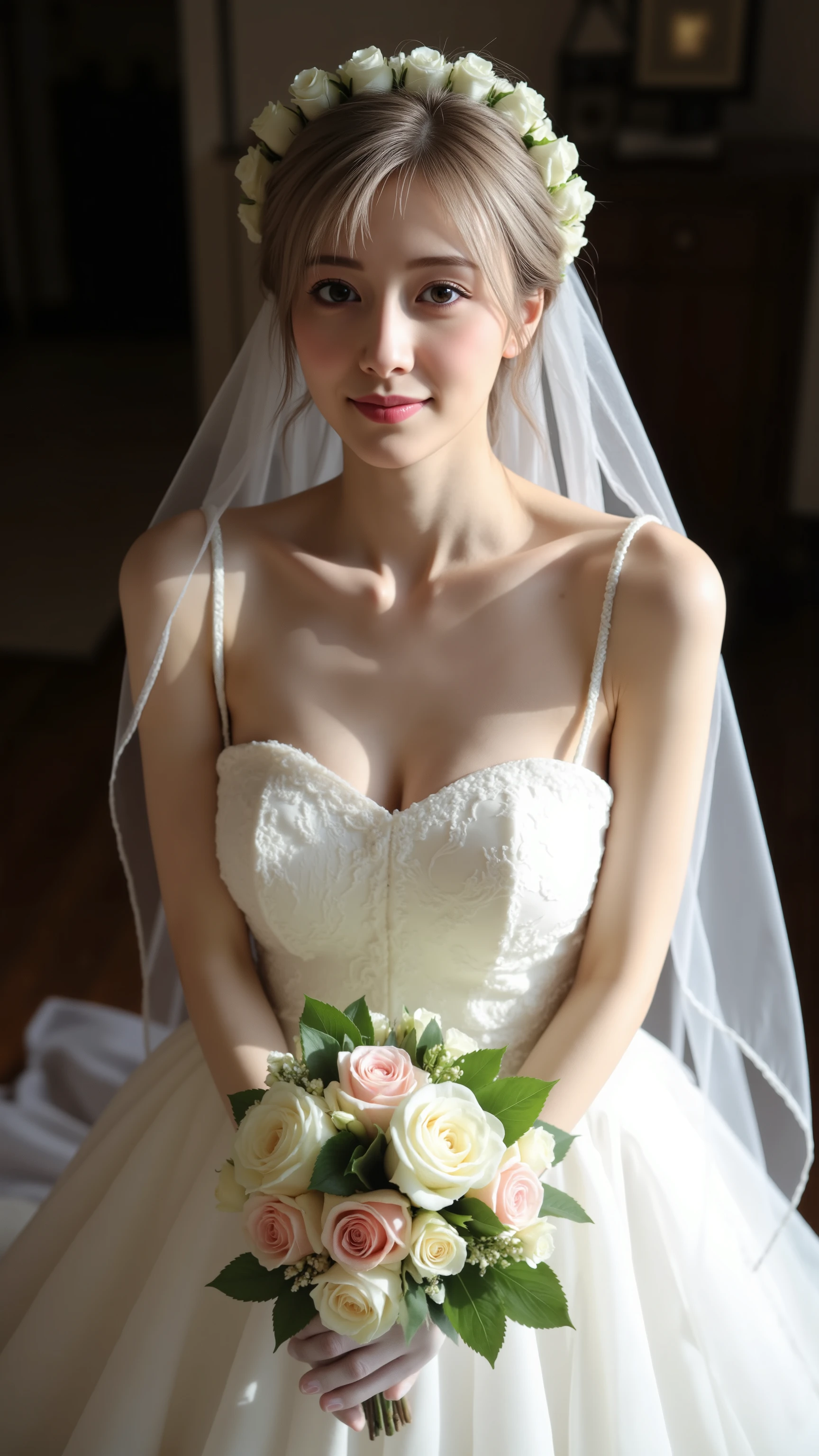 1 young russian girl,(seductive smile ),(Exposed breasts:1.4),((sagging breasts:1)) ,((huge breasts:2.5)), (((skinny:1))), 19yearolds,((dark grey hair mixed with blonde and  white  embre,Hairstyle: Long, straight,smooth, natural curls, shoulders down to the shoulders and back, let loose to add softness and dimension)), RAW photo, (best quality),high resolution, Ultra detailed, masterpiece,(photorealistic: 1.6), (realistic skin texture: 1.5),(in the dark, deep shadow, low key), A young woman wore a strapless white wedding dress with thin straps, a form-fitting silhouette, and lace detailing the hem. The dress was short, just above the knee. She wore wrist-length white gloves. Her head was adorned with a white flower crown and a sheer, shoulder-length veil. She held a bouquet of white and pink roses, mixed with green leaves, in front of her, adding a vibrant touch.

Camera Angle: A high-angle shot, angled downward, in front of the model, provides a clear, up-and-down view of the face, bouquet, and dress, as if viewed from a viewer standing slightly above. This creates a sense of intimacy and emphasizes details.
Lighting: Soft, white and cream-toned lighting, coming from the front and slightly above, creates soft shadows around the model, brightening the skin and emphasizing the texture of the dress and veil. Reflections on the floor and bouquet add radiance. The ambient light is gentle and lacks high contrast, emphasizing the purity and sweetness of the bridal theme.