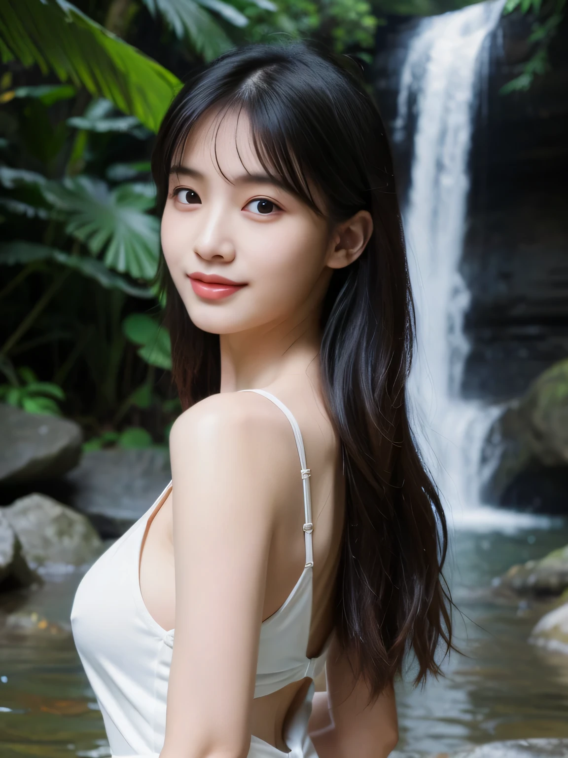 (ultra realistic) , (illustration), (increase resolution), (8K), (extremely detailed), (best illustration), (beautiful detailed eyes), (best quality), (ultra-detailed), (masterpiece), (wallpaper), (detailed face), 1 girl, black straight hair, plump breasts, slender body, delicate details, in the dark, deep shadow, low key, pureerosfaceace_v1, happy smile, summer dress, waterfall, rainforest
