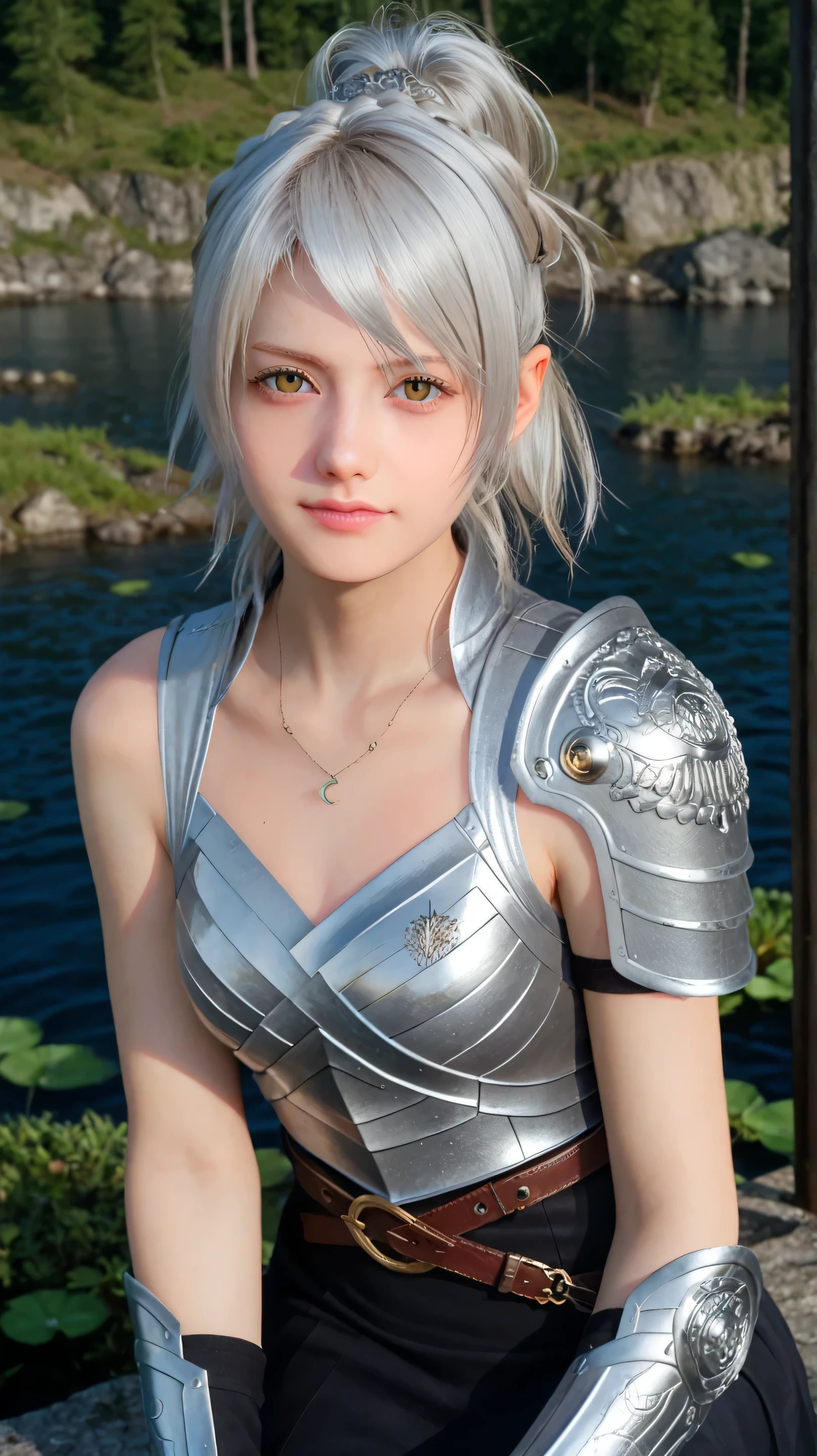 1girl, solo,Cagalli,golden eyes,white hair,long hair,outdoors,potrait,medium breast,nature,sitting on river,(spring:1.5),close up, front view,black glove,black dress,ruby necklace,black skirt,ponytail,(wear silver armor:1.5)
