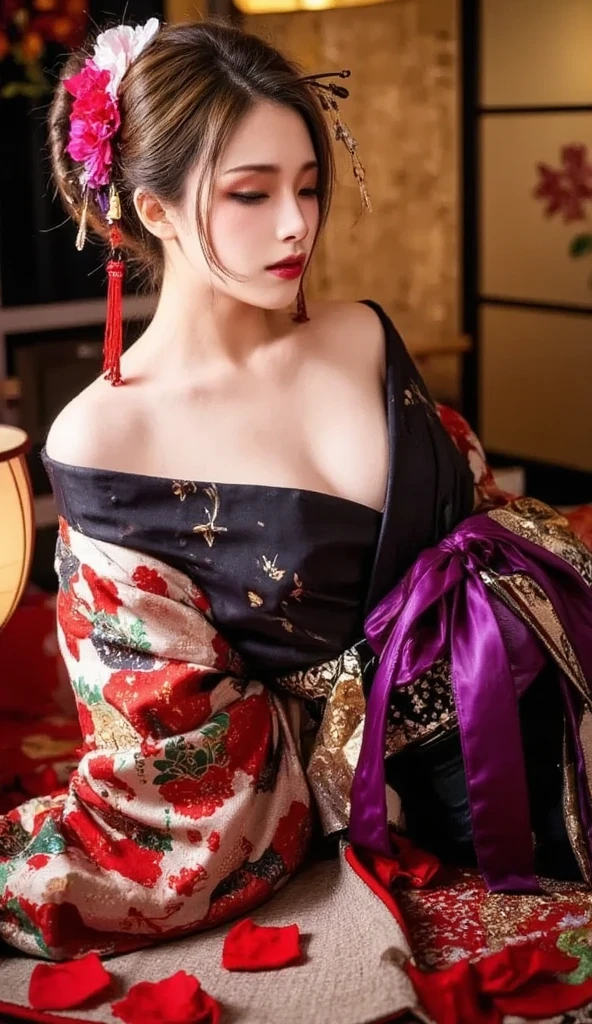 8K Ultra HD, Digital SLR,Film Grain, Fujifilm XT3,(Highest quality:1.3), (masterpiece:1.1), High resolution, Cinematic Light, Intricate details, (Realistic) (Night view) Realistic backlight、Dramatic reddish light、Beautiful Japanese Geisha full body photo, ((Facial texture Pore details)), Grin、Devilish smile, Simple messy hairstyle, She wears a black satin kimono decorated with traditional dragon motifs.., Open shoulders, Colorful dragon tattoos all over the body, Has a long blade, Long-bladed Japan sword in hand,Inside a traditional villa, 8K, Front blur