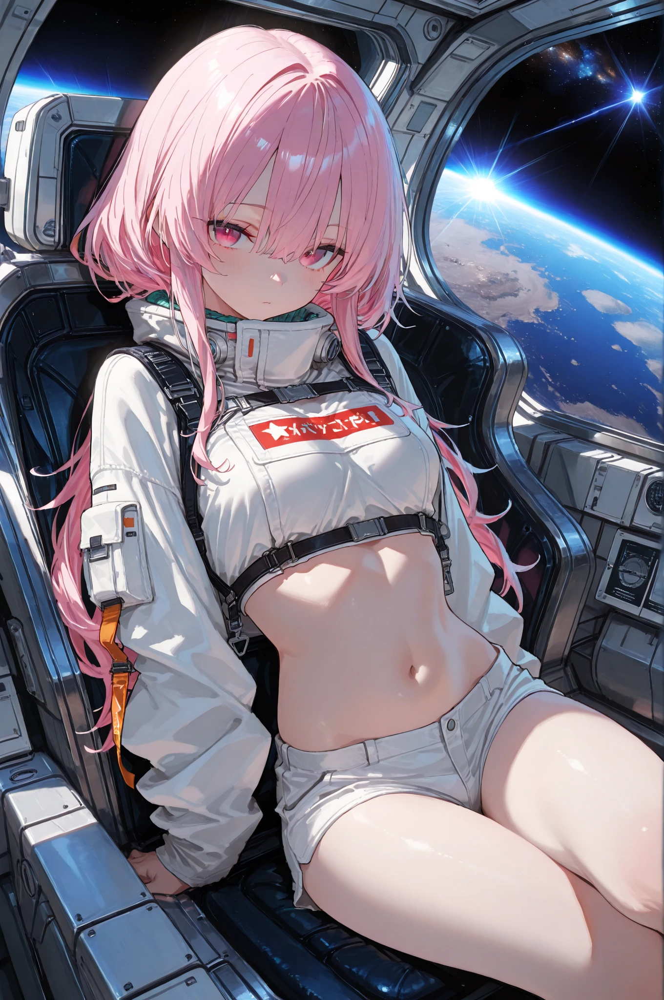 beautiful woman, gray hair with braids, pink eyes, pink casual futuristic outfit, small bust, inside a ship in space, high quality
