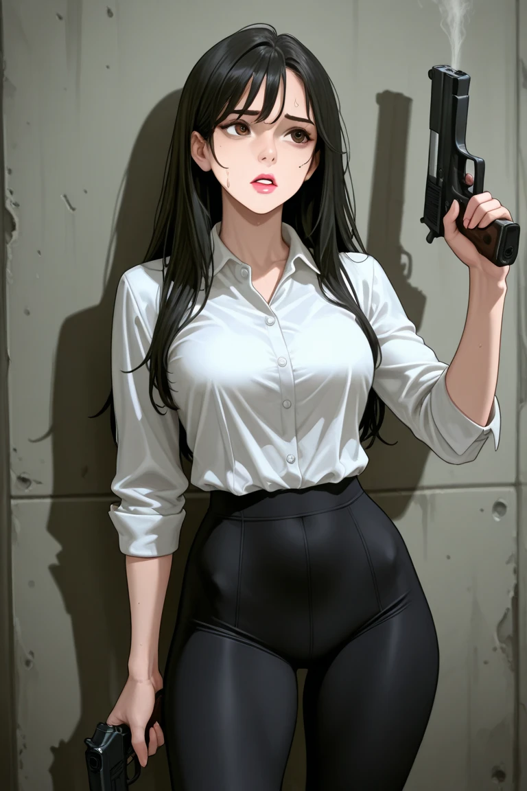 A woman with very long black hair, (very long hair:1.25) and (long bangs:1.5), wearing a stylish wool turtleneck sweater with jeans, long sleeves, (low-rise jeans:1.25), (low-cut jeans:1.25), standing. The artwork is inspired by manga and incorporates a doujin style. The woman appears to be (wetting herself:1.5), which causes her to feel embarrassed and humiliated, resulting in a blush on her face. In addition, there is an air of anger in her expression. The lighting in the scene is moody, with a spotlight highlighting the woman's figure, She has a very large pee stain that covers almost the entire front of her jeans., large breasts, skinny