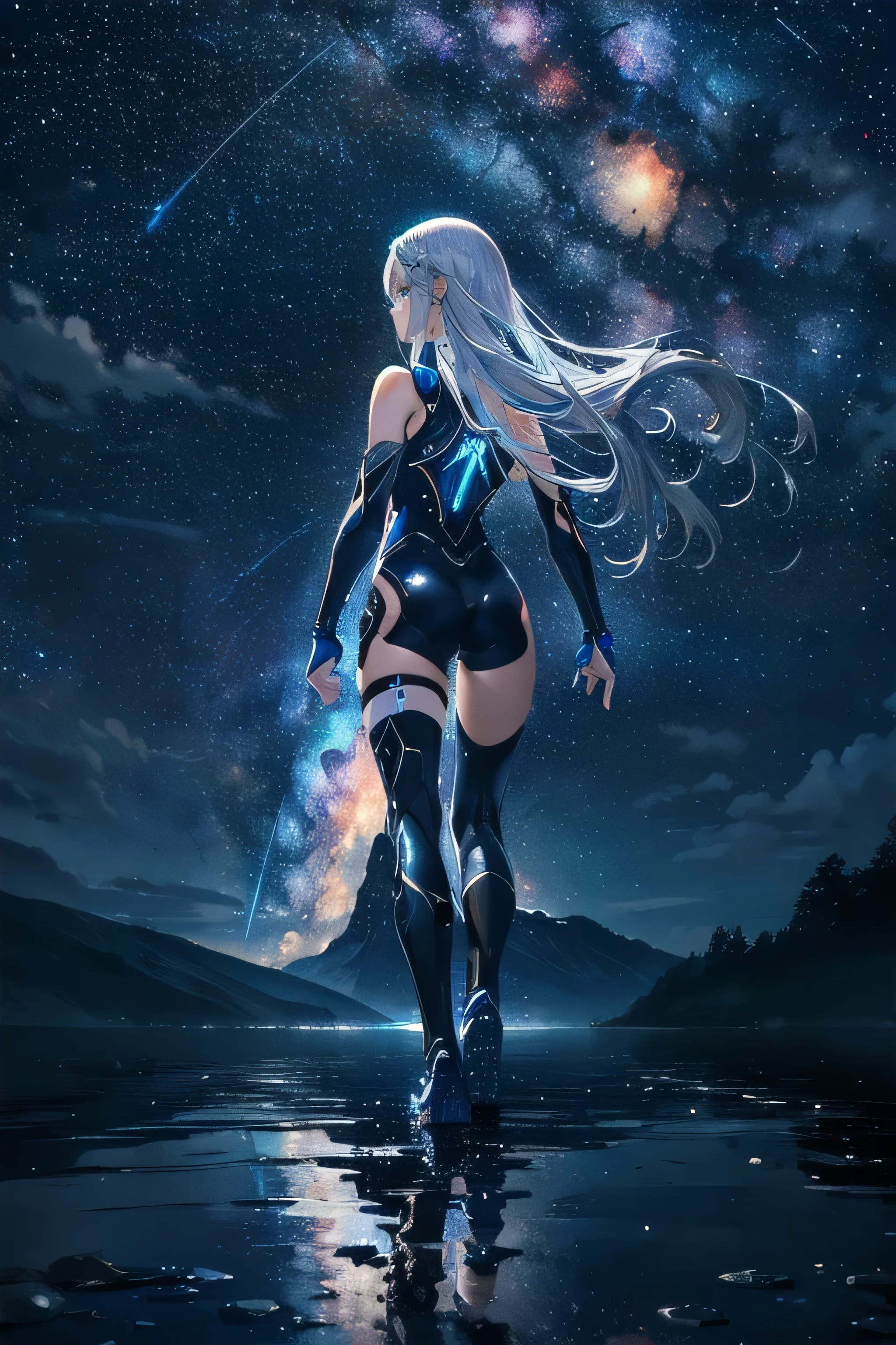1girl, 10 years old, , very long bob hair with bangs, light blue hair, flat chest, small size, blue eyes, fair skin, serious face, nude, full body, night, moon, frozen lake, mountain behind, very sexy body, detailed face, highly detailed, 8k, best quality, masterpiece, vibrant colors, digital art, concept art