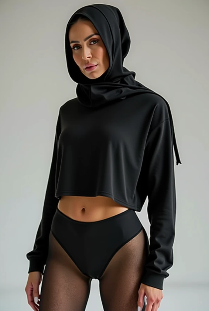 raw, best quality, high resolution, Masterpiece: 1.3), Beautiful Malaysian woman in hijab (I:0.8),looking at the audience,Portrait of a beautiful young Malaysian girl in a hijab wearing a tight long-sleeved t-shirt and a short skirt with leggings celebrating her birthday., big breast,Detailed eyes, standing on stage, striptease pole, Diffuse light, depth of field