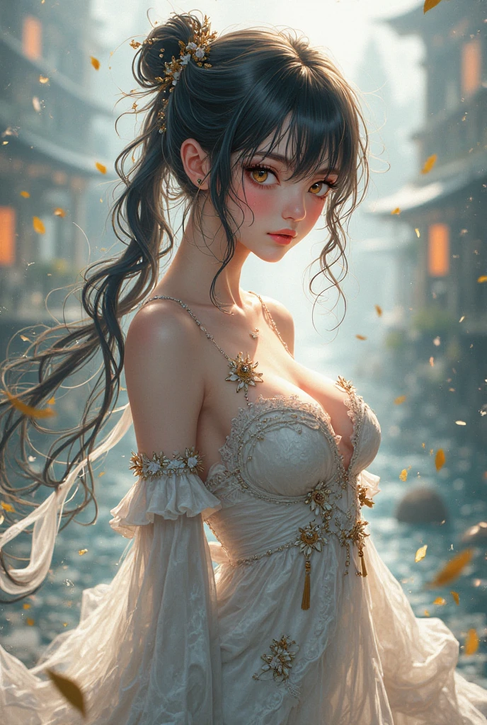 ultra realistic 8k cg, flawless, clean, masterpiece, professional artwork, famous artwork, cinematic lighting, cinematic bloom, perfect face, beautiful face, fantasy, dreamlike, unreal, science fiction, lace, lace trim, lace-trimmed legwear, luxury, jewelry, diamond, gold, pearl, gem, sapphire, ruby, emerald, intricate detail, delicate pattern, charming, alluring, seductive, erotic, enchanting, hair ornament, necklace, earrings, bracelet, armlet,halo,autumn,
((,1girl, pov,best quality, )) , ((((,night, blurry_background, blurry_foreground, depth_of_field, motion_blur, bokeh, jewelry, 1girl, flower, white_flower, necklace, breasts, focused, earrings, cleavage, photo_\(medium\), sitting, medium_breasts, , , snowflakes, lily_\(flower\),looking at viewer, ))))
<lora:DA_Beauty2.5D_A:0.6>